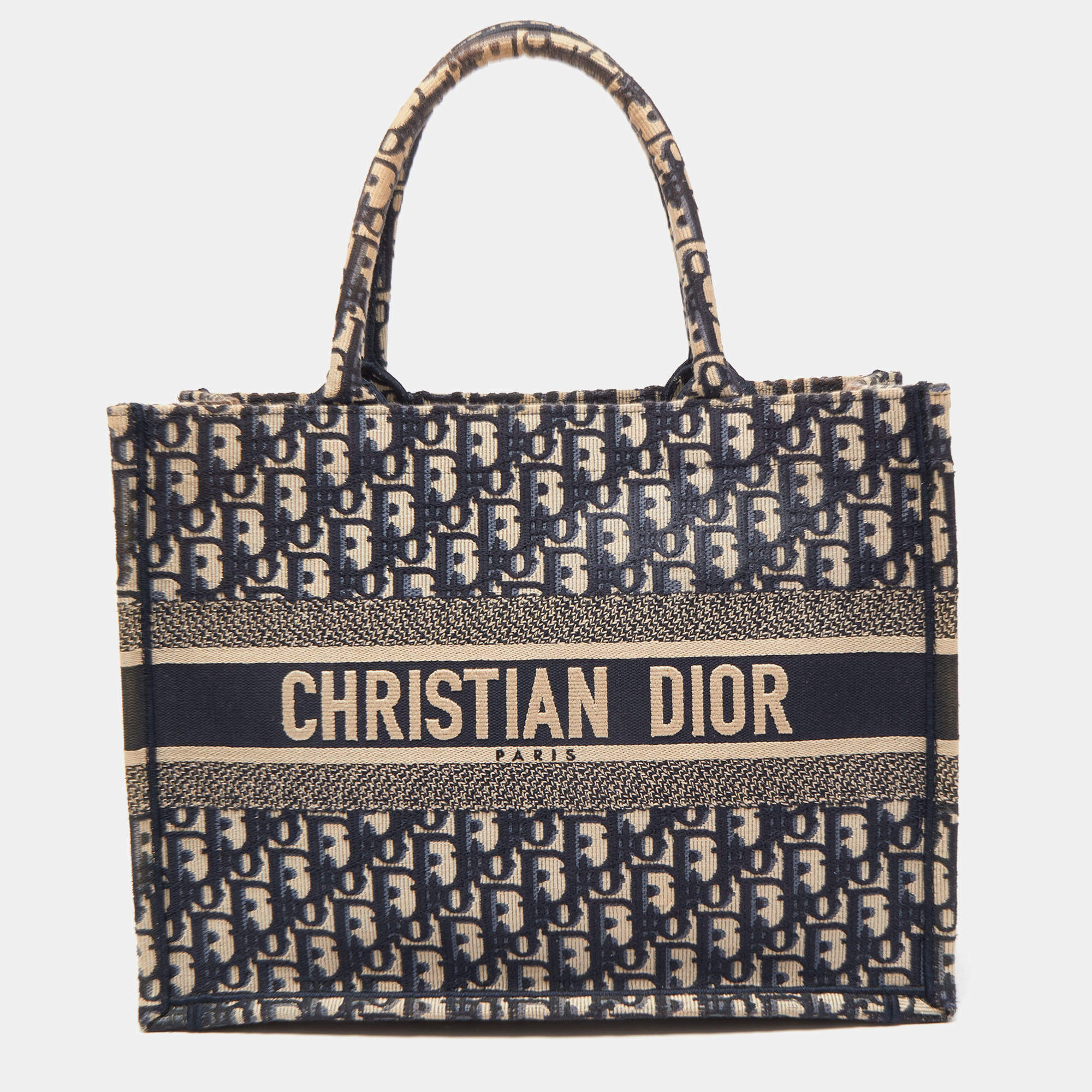 Dior Navy Blue Oblique Embroidered Canvas Medium Book Tote