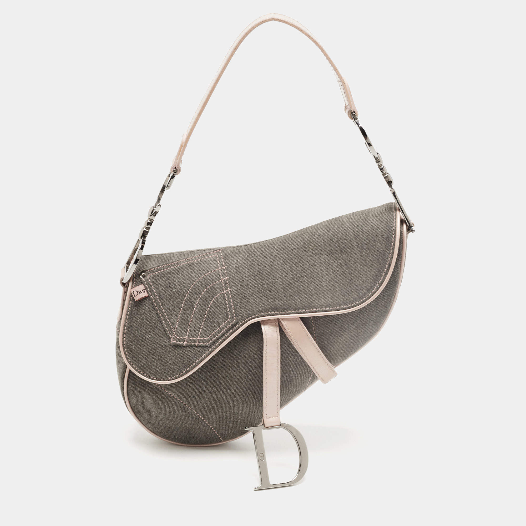 مملوكة مسبقًا Dior Dark Grey/Pink Denim and Glazed Leather Saddle Bag