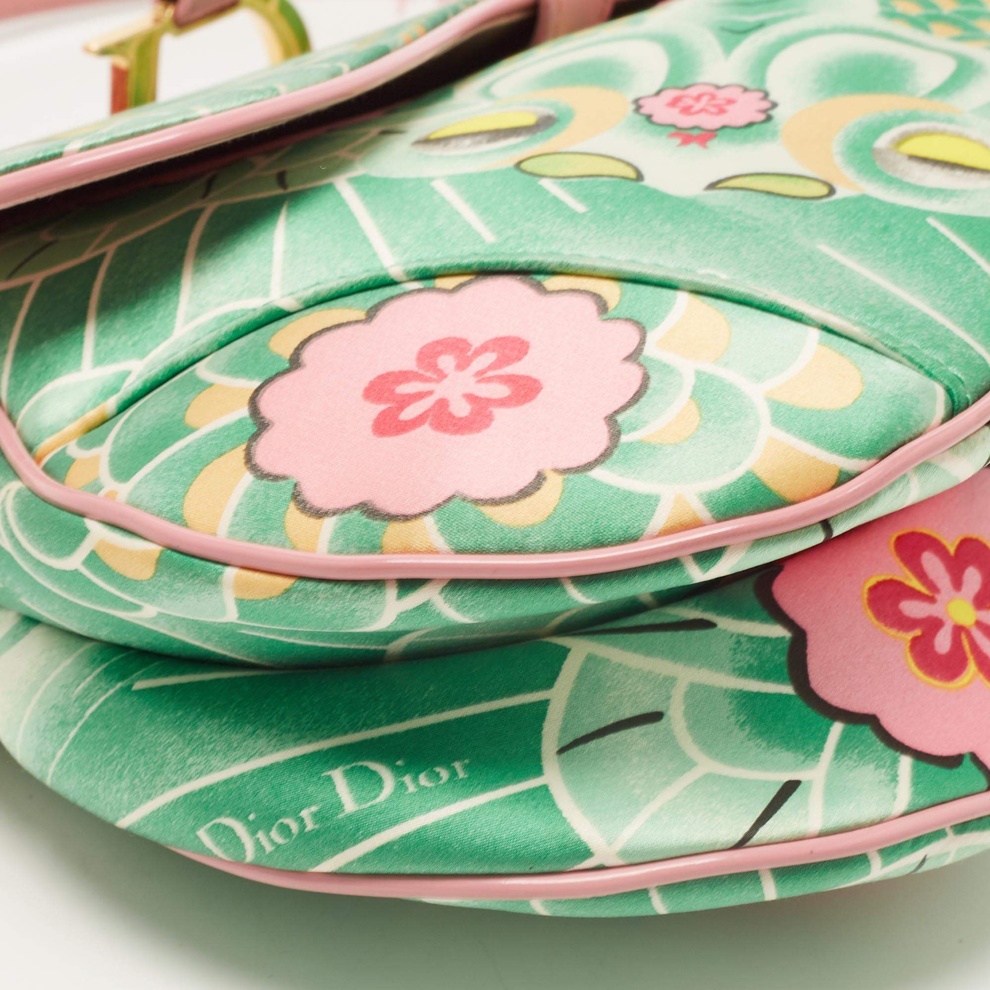 Dior Pink/Green Printed Satin and Glazed Leather Limited Edition