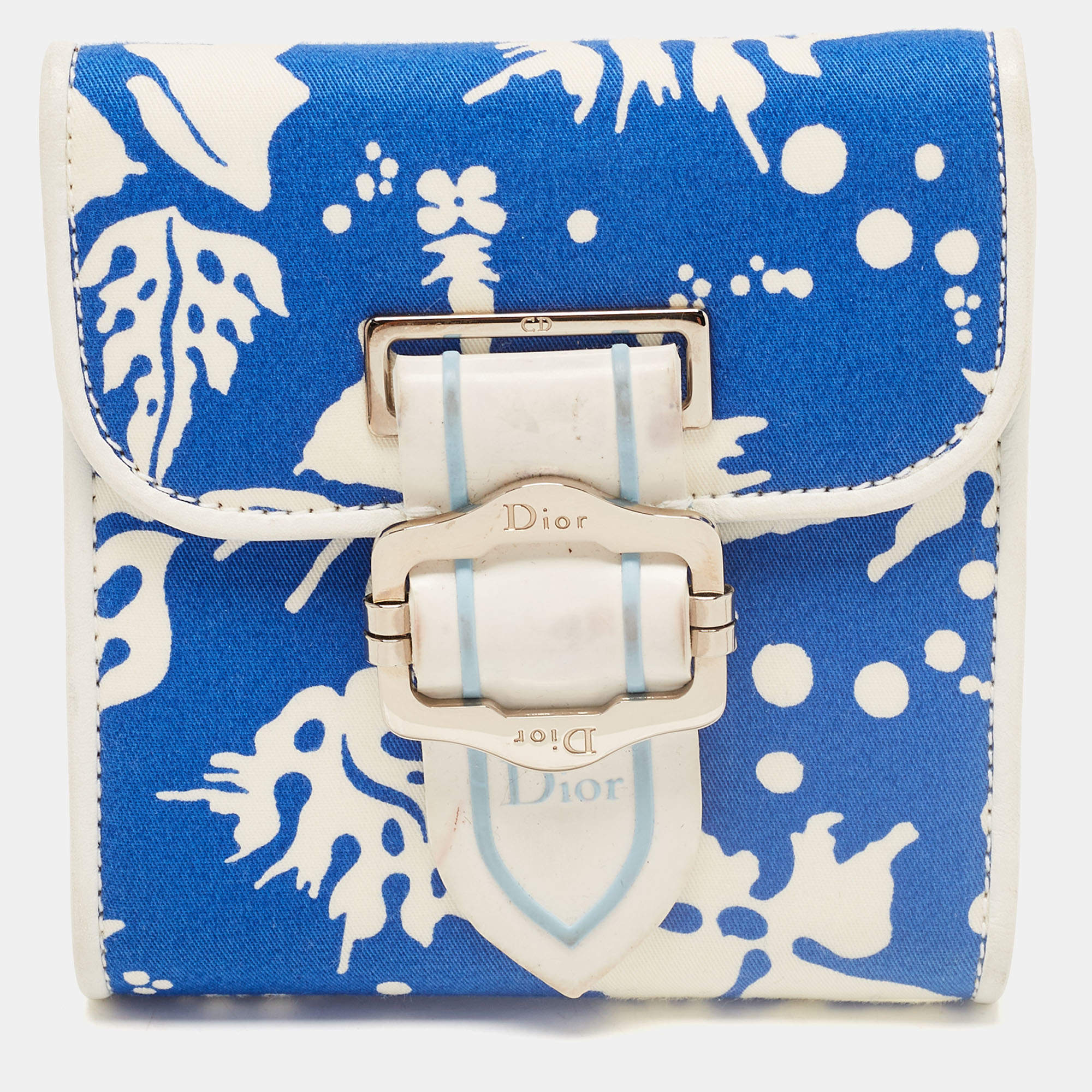 Pre Owned Dior White/Blue Printed Fabric Trifold Wallet