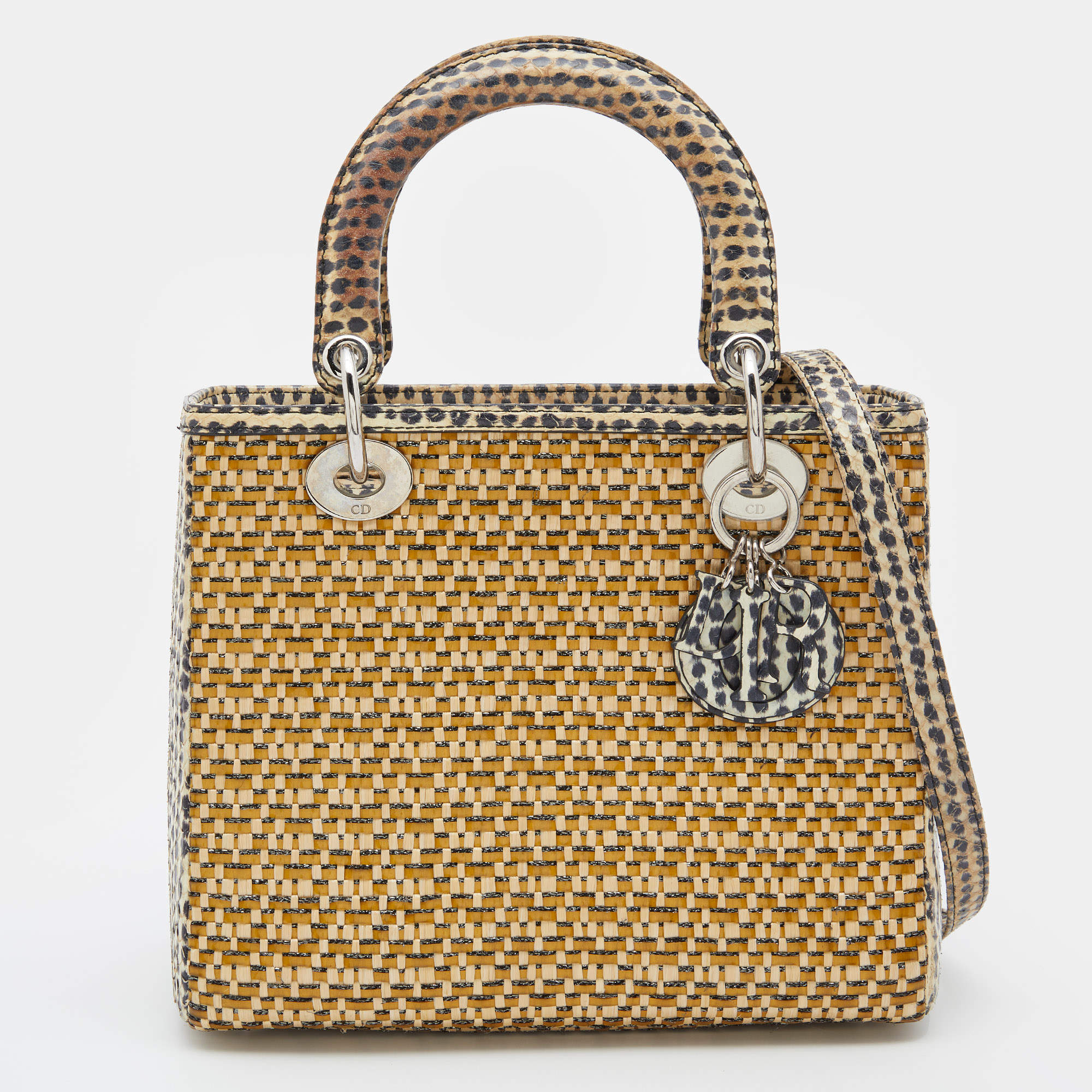 Pre Owned Dior Beige/Monochrome Woven Straw and Watersnake Medium Lady Dior Tote