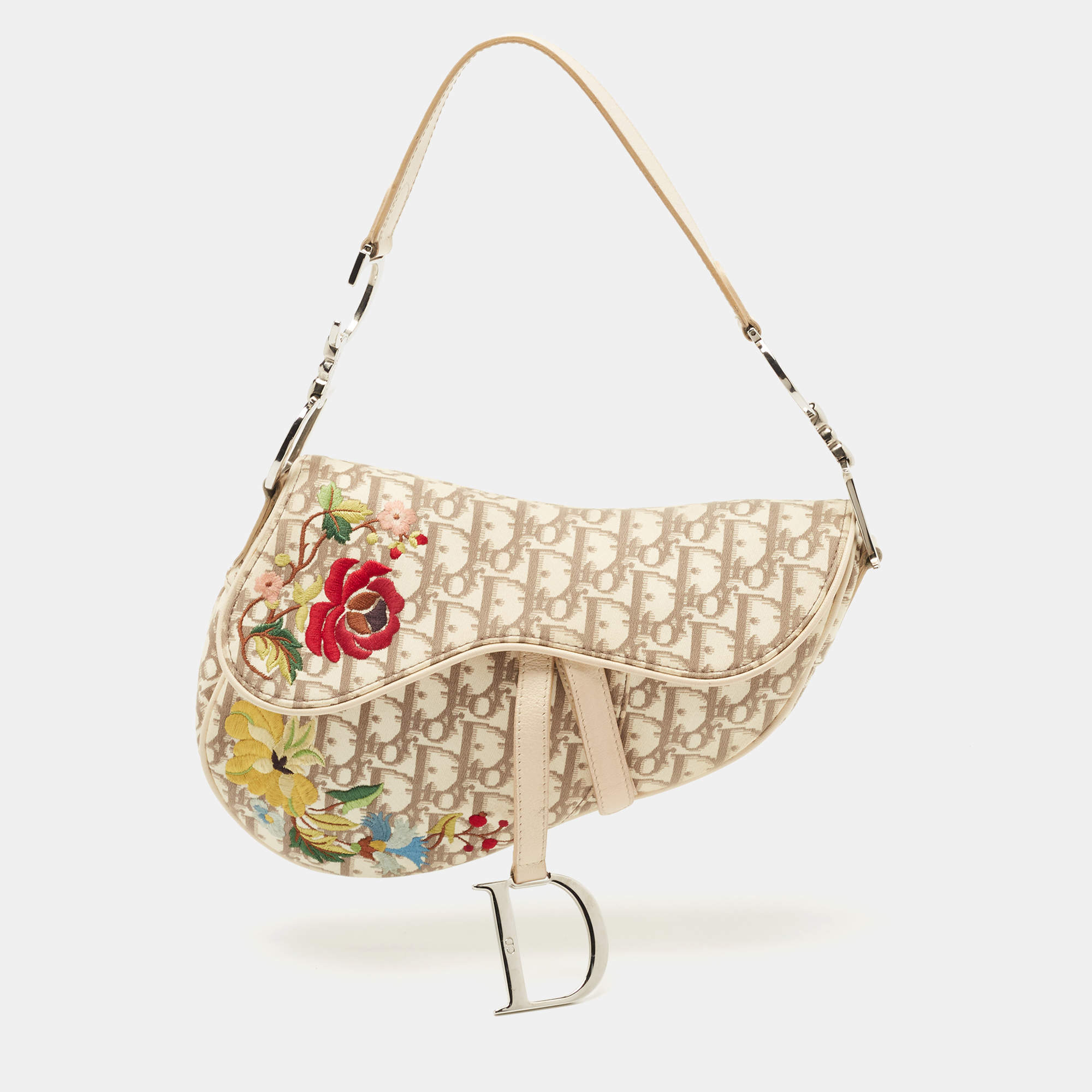 Dior Beige Oblique Canvas and Leather Floral Embroidered Saddle Bag