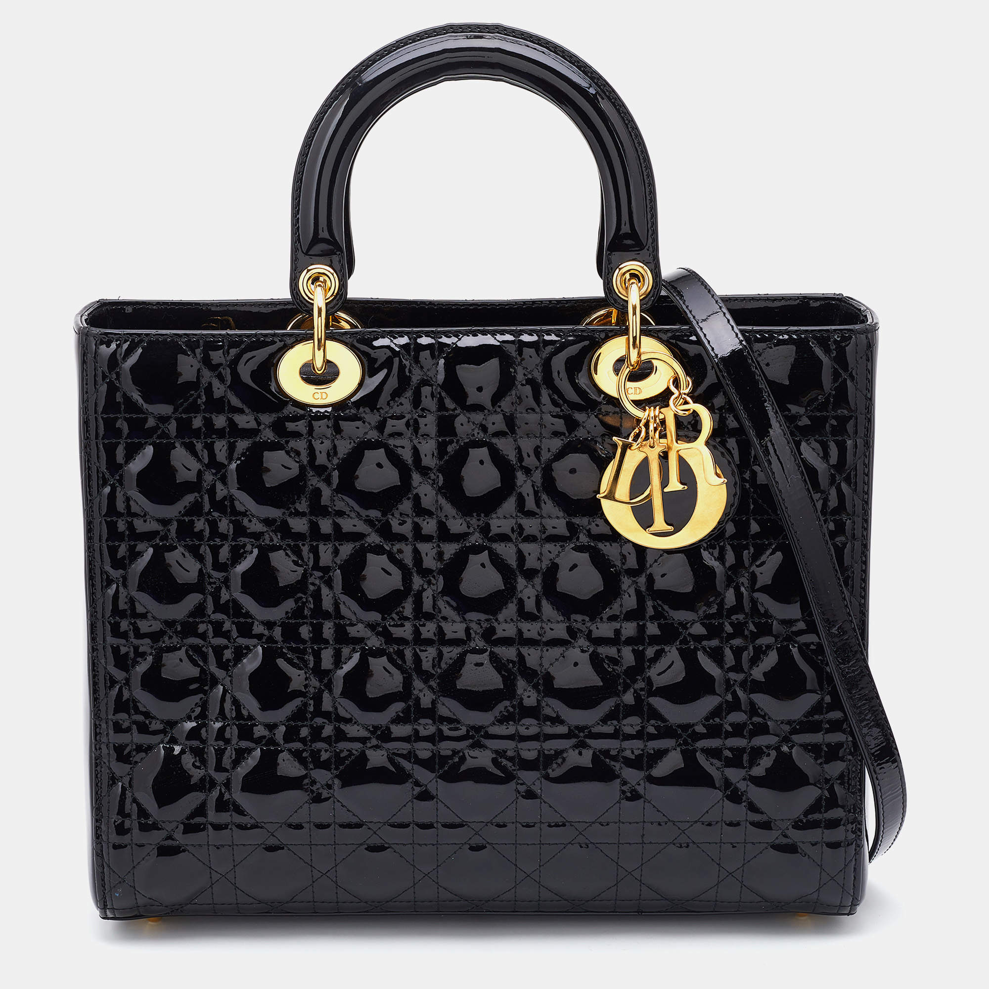 Pre Owned Dior Black Cannage Patent Leather Large Lady Dior Tote