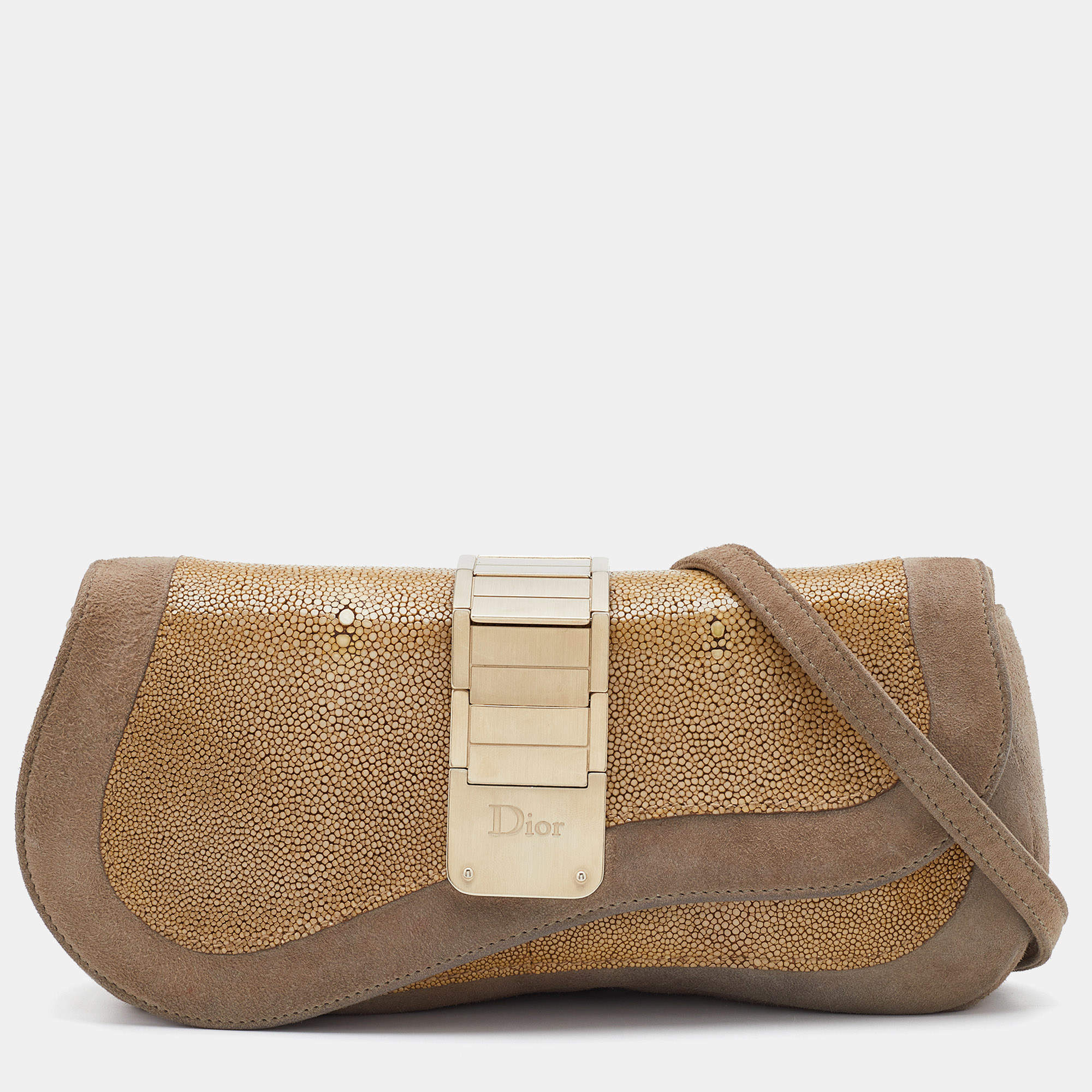 Pre Owned Dior Grey/Beige Stringray and Suede Flap Saddle Shoulder Bag