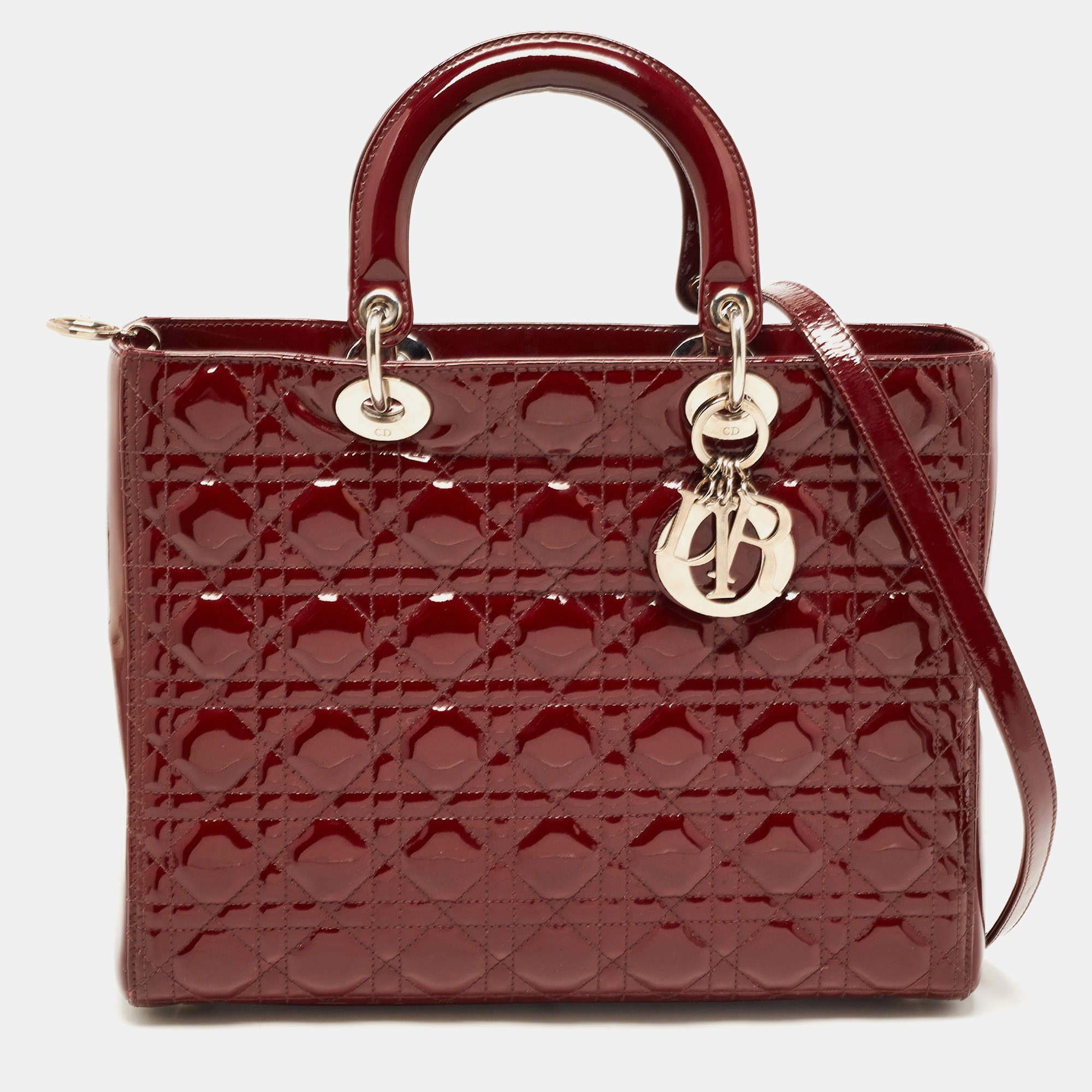 Pre Owned Dior Red Cannage Patent Leather Large Lady Dior Tote