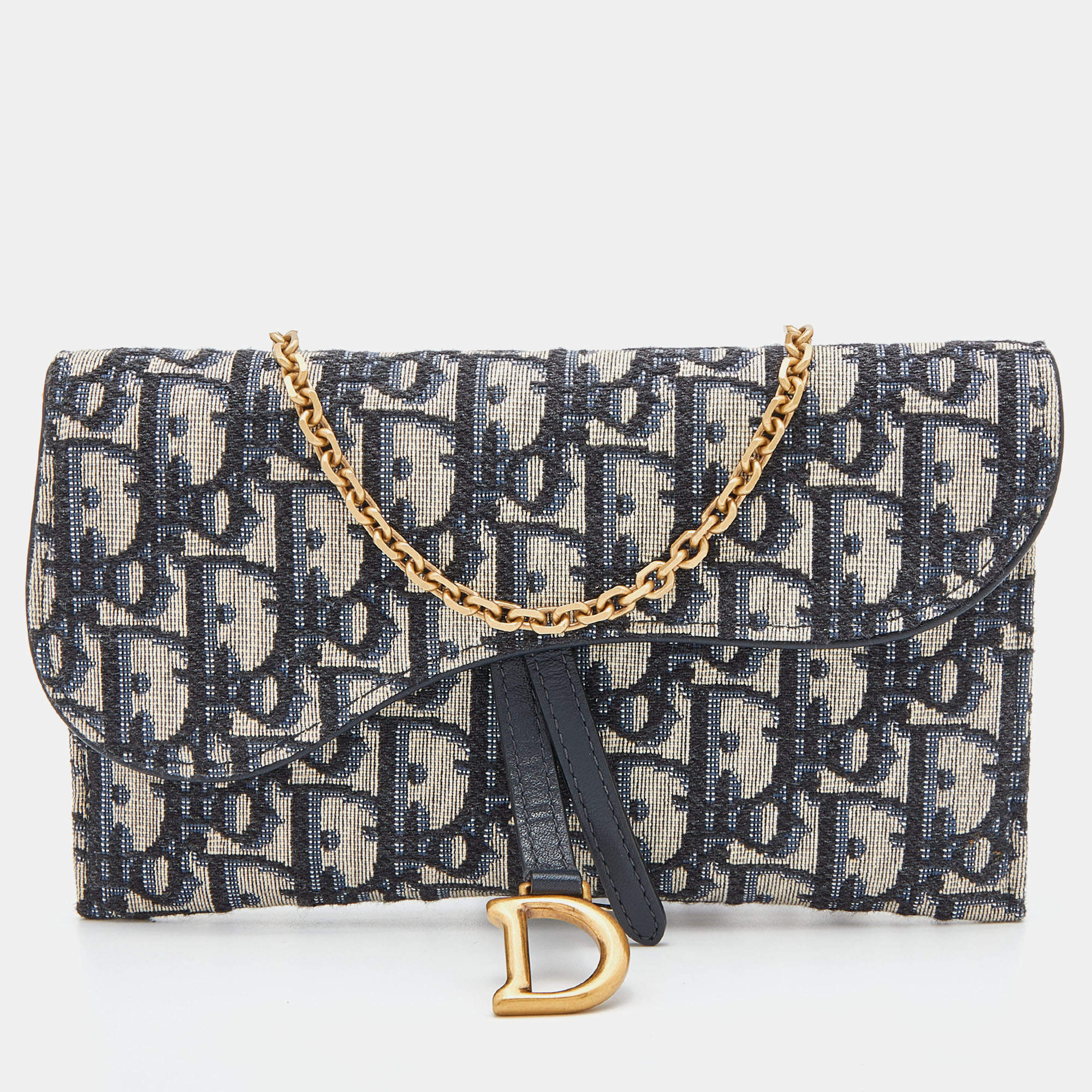 Pre Owned Dior Navy Blue Oblique Canvas and Leather Saddle Wallet On Chain
