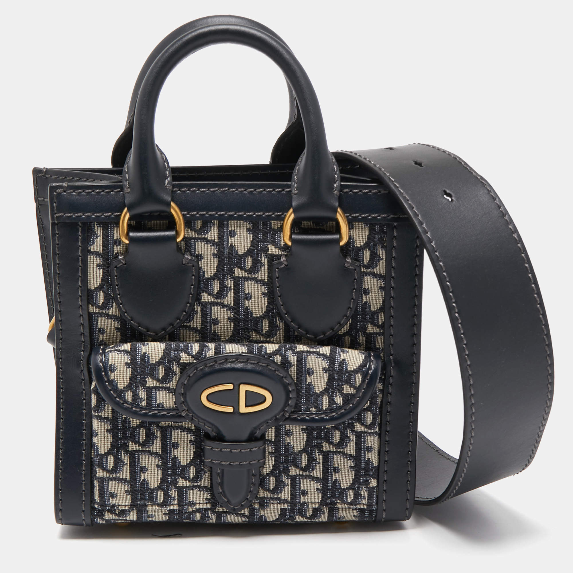 Pre Owned Dior Navy Blue Oblique Canvas and Leather Mini Tote