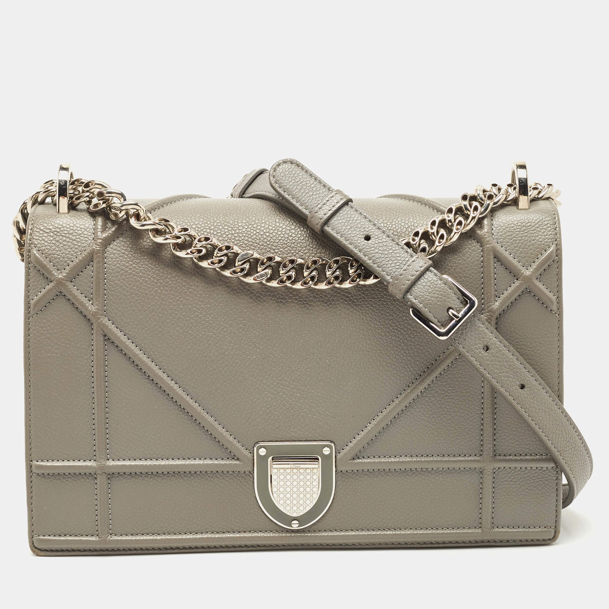 Pre Owned Dior Grey Leather Medium Diorama Flap Shoulder Bag