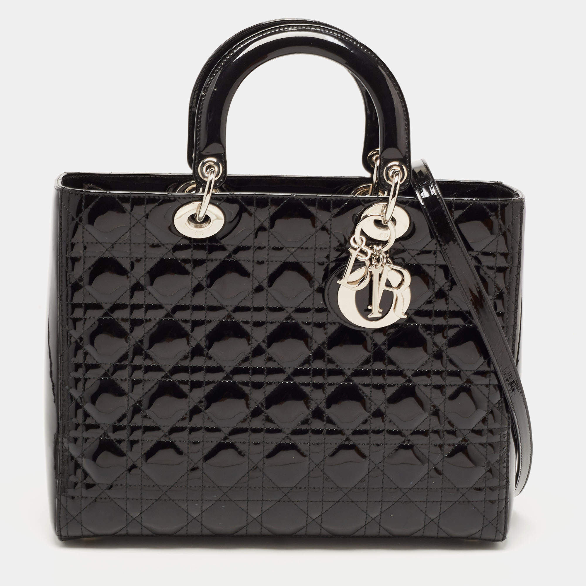 Pre Owned Dior Black Cannage Patent Leather Large Lady Dior Tote