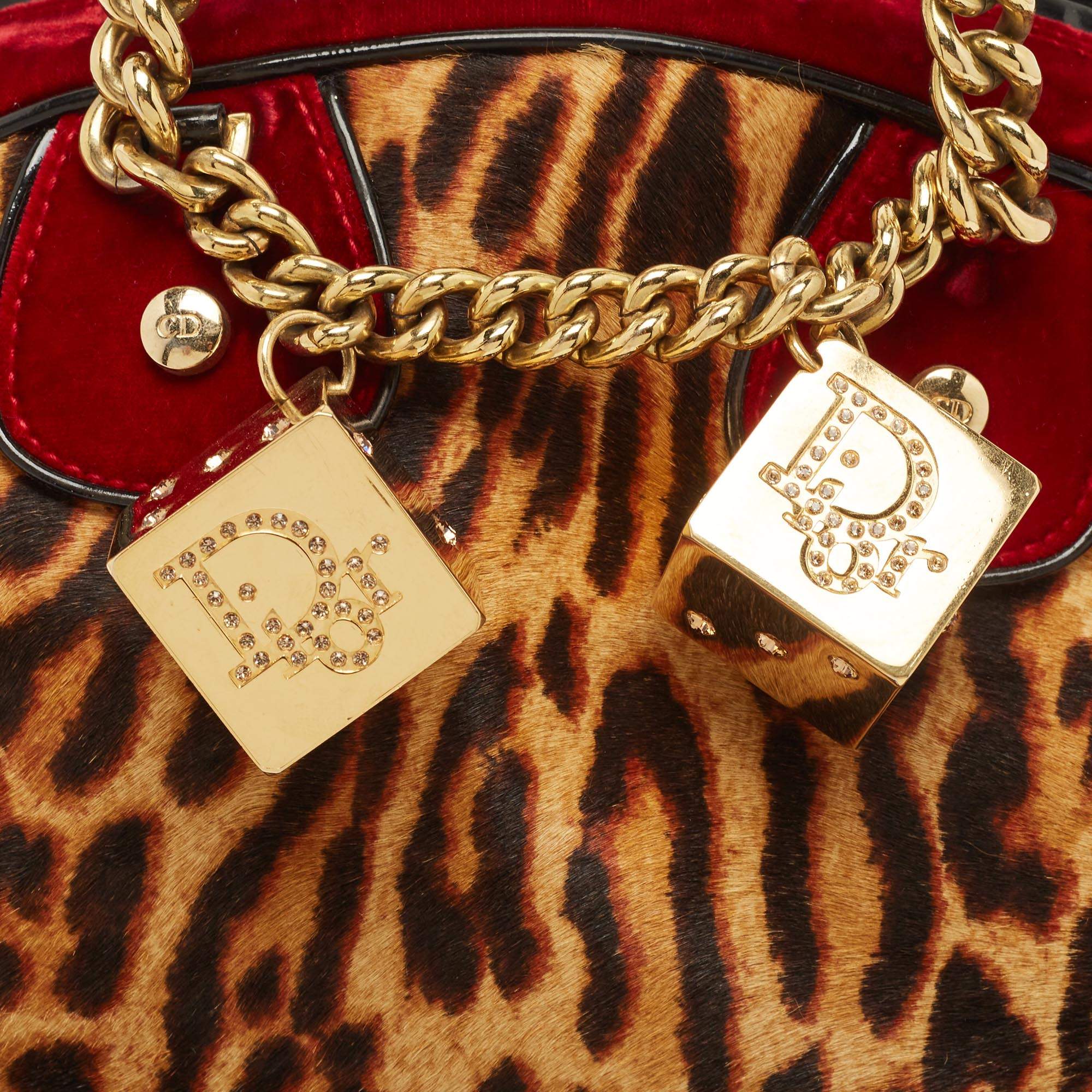 Authentic Dior Leopard Fur Gambler GP Dice Charm Bag Leather Flat Handles  Purse