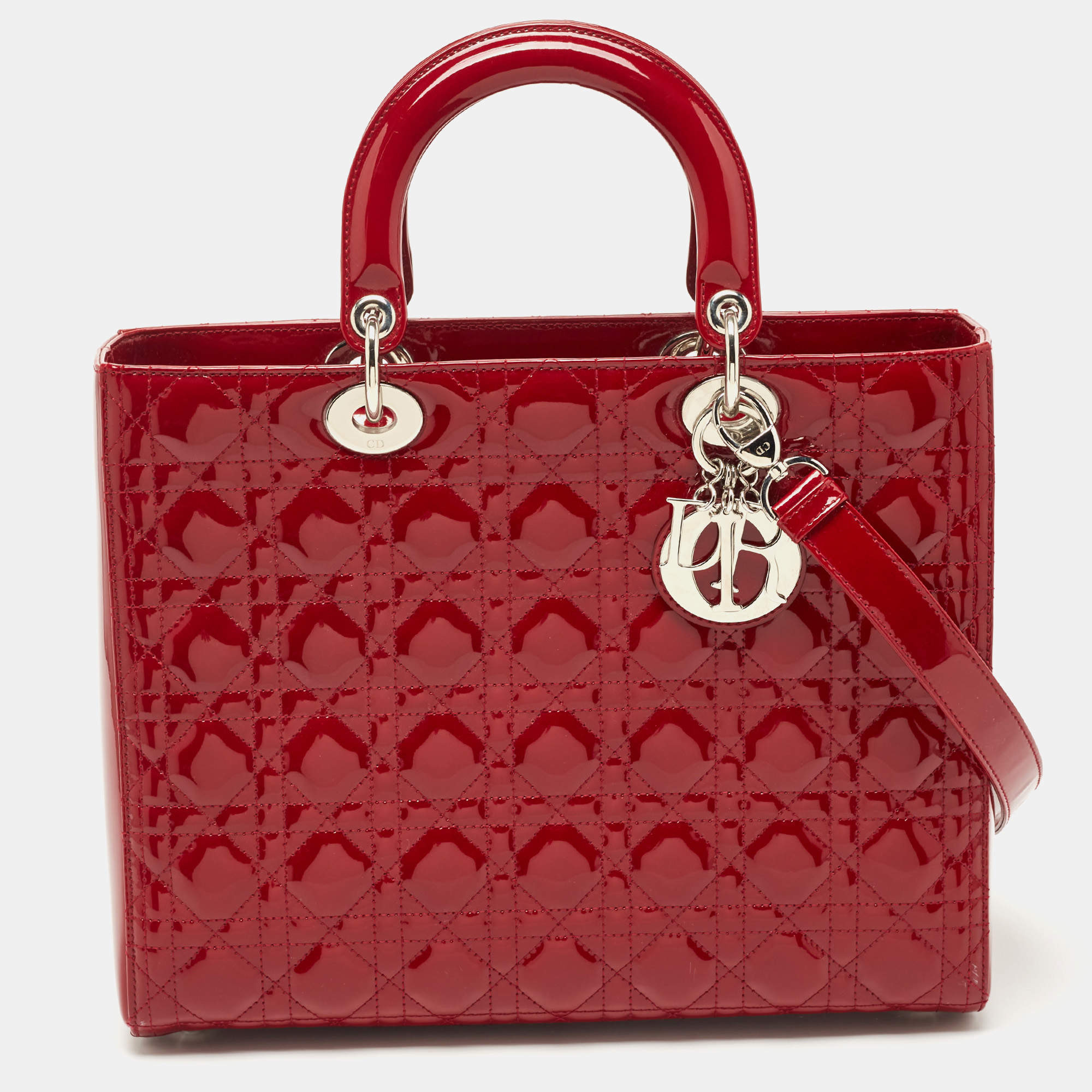 Pre Owned Dior Red Cannage Patent Leather Large Lady Dior Tote