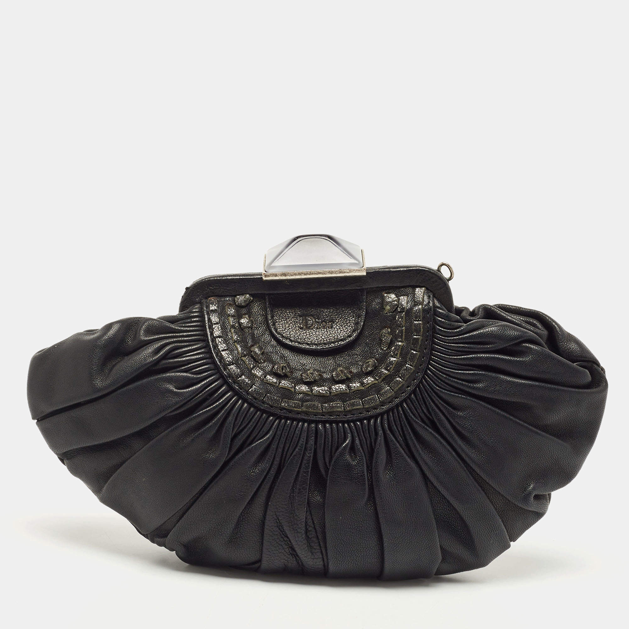 Pre Owned Dior Black Pleated Leather Frame Clutch