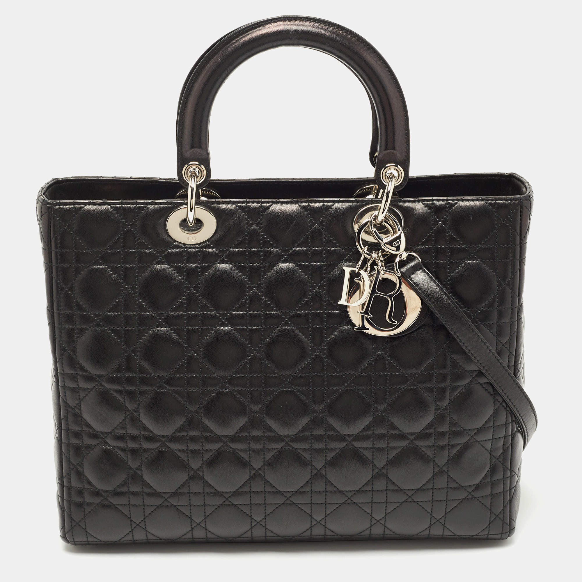 Pre Owned Dior Black Cannage Leather Large Lady Dior Tote