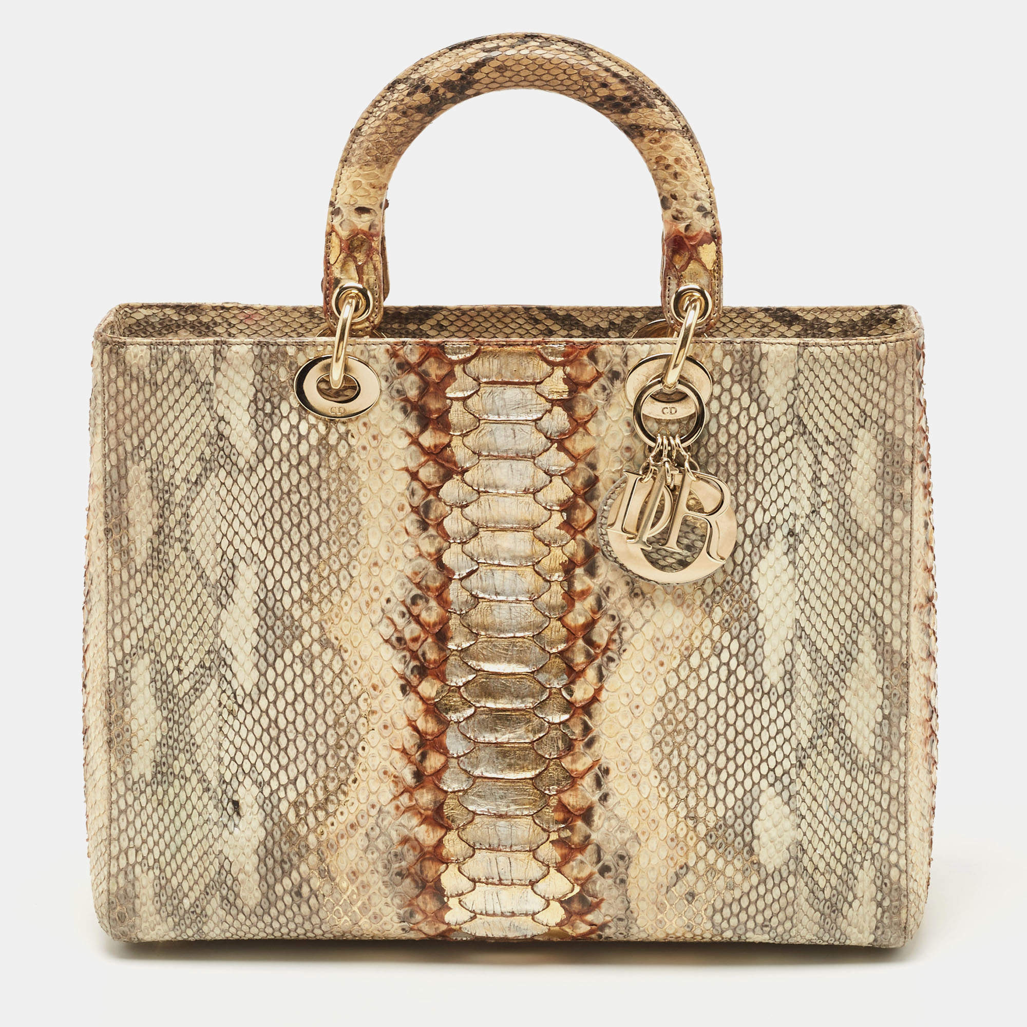 مملوكة مسبقًا Dior Gold/Beige Python Large Limited Edition Lady Dior Tote