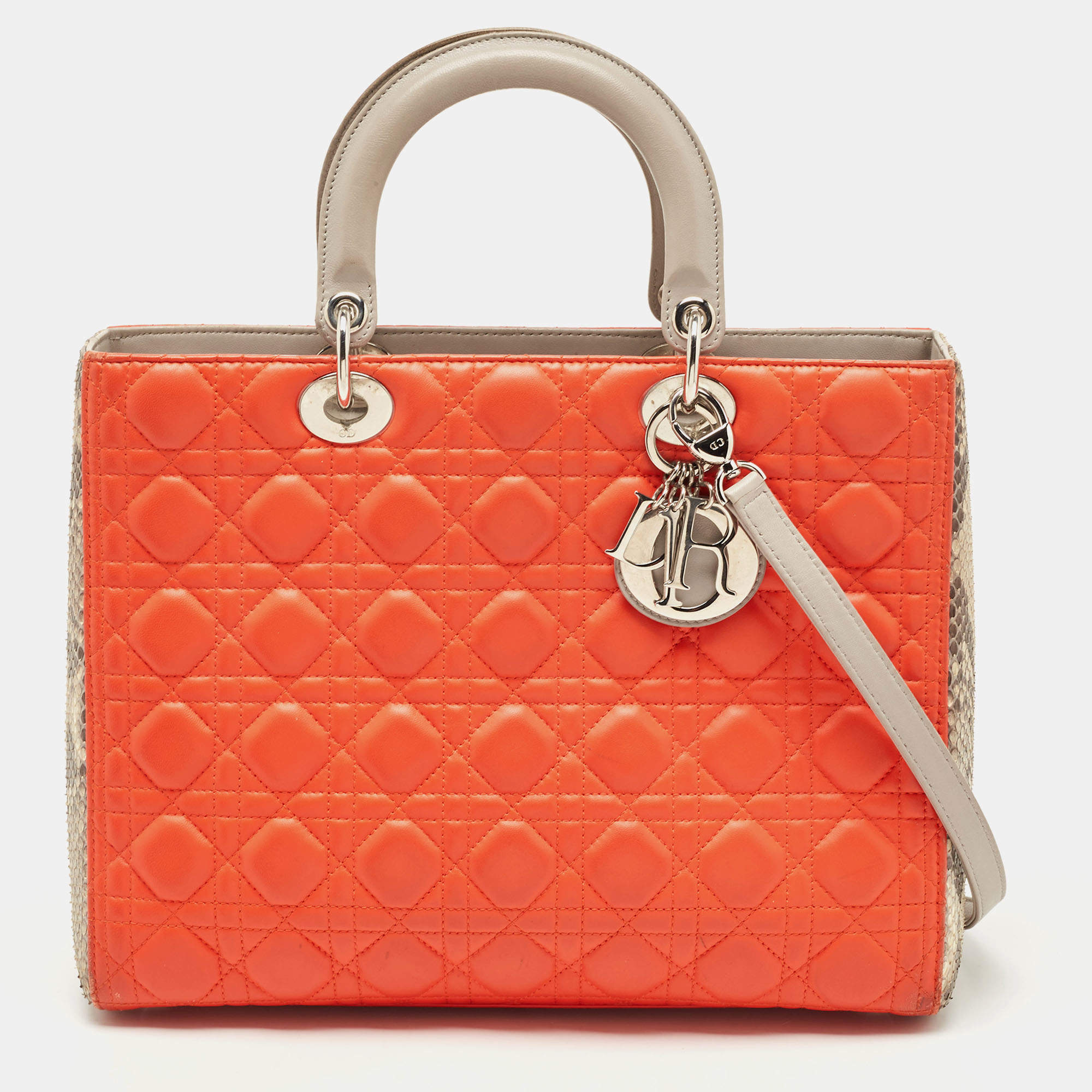 Pre Owned Dior Orange/Grey Quilted Leather And Python Large Lady Dior Tote