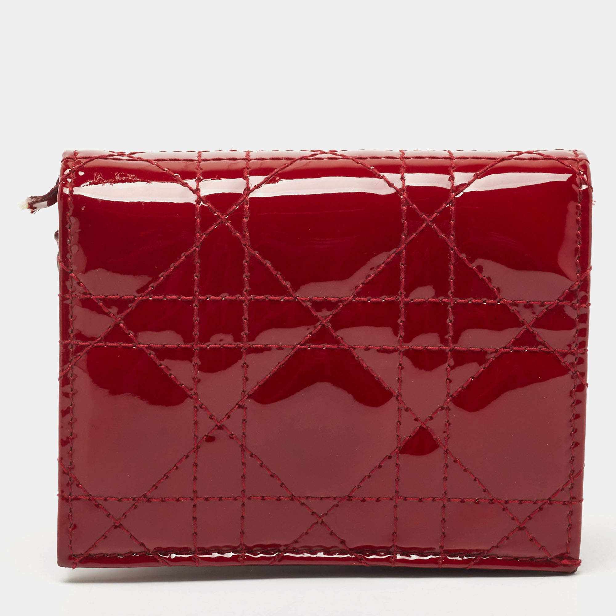 Pre Owned Dior Red Cannage Patent Leather Lady Dior Flap Card Case