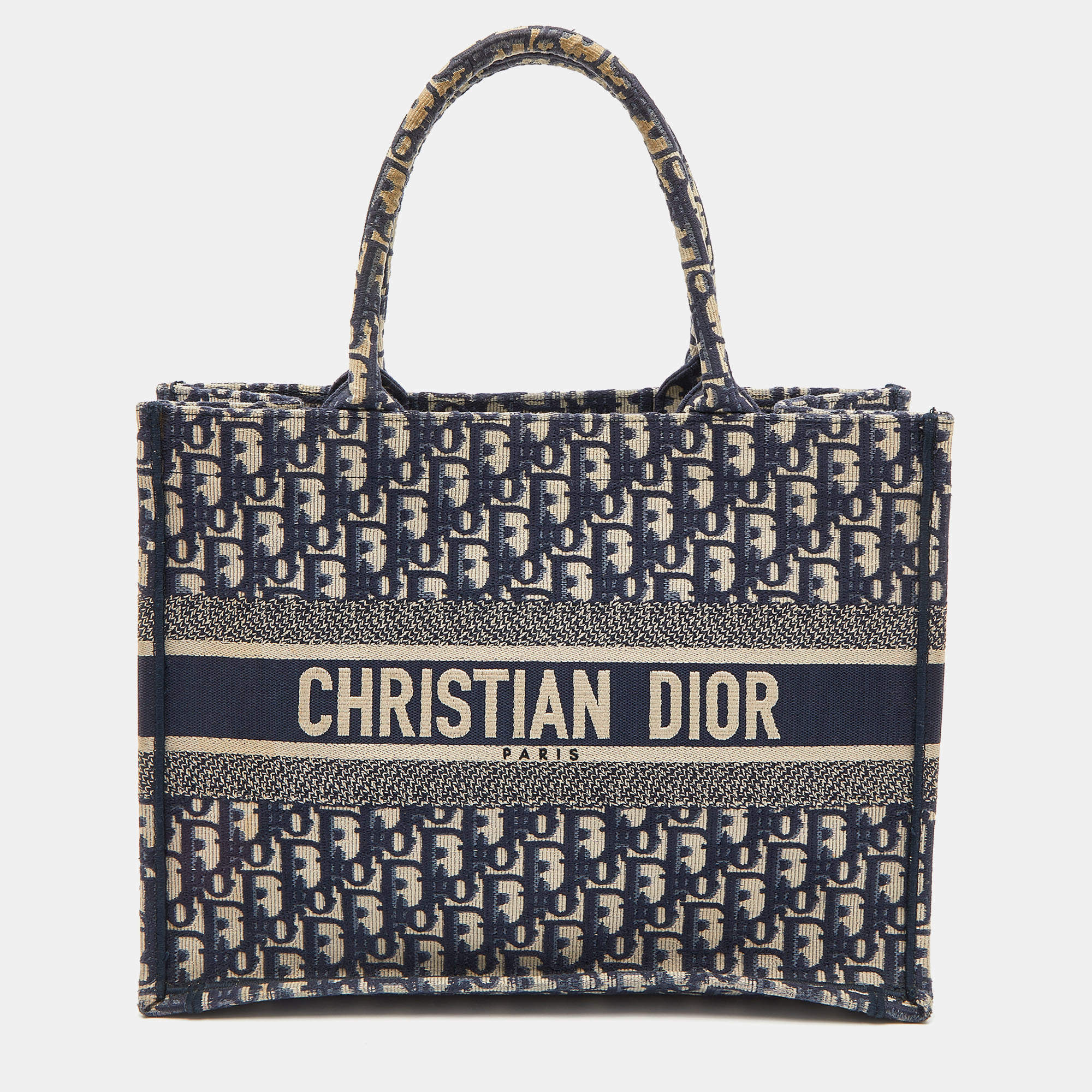 Pre Owned Dior Navy Blue Oblique Embroidered Canvas Medium Book Tote