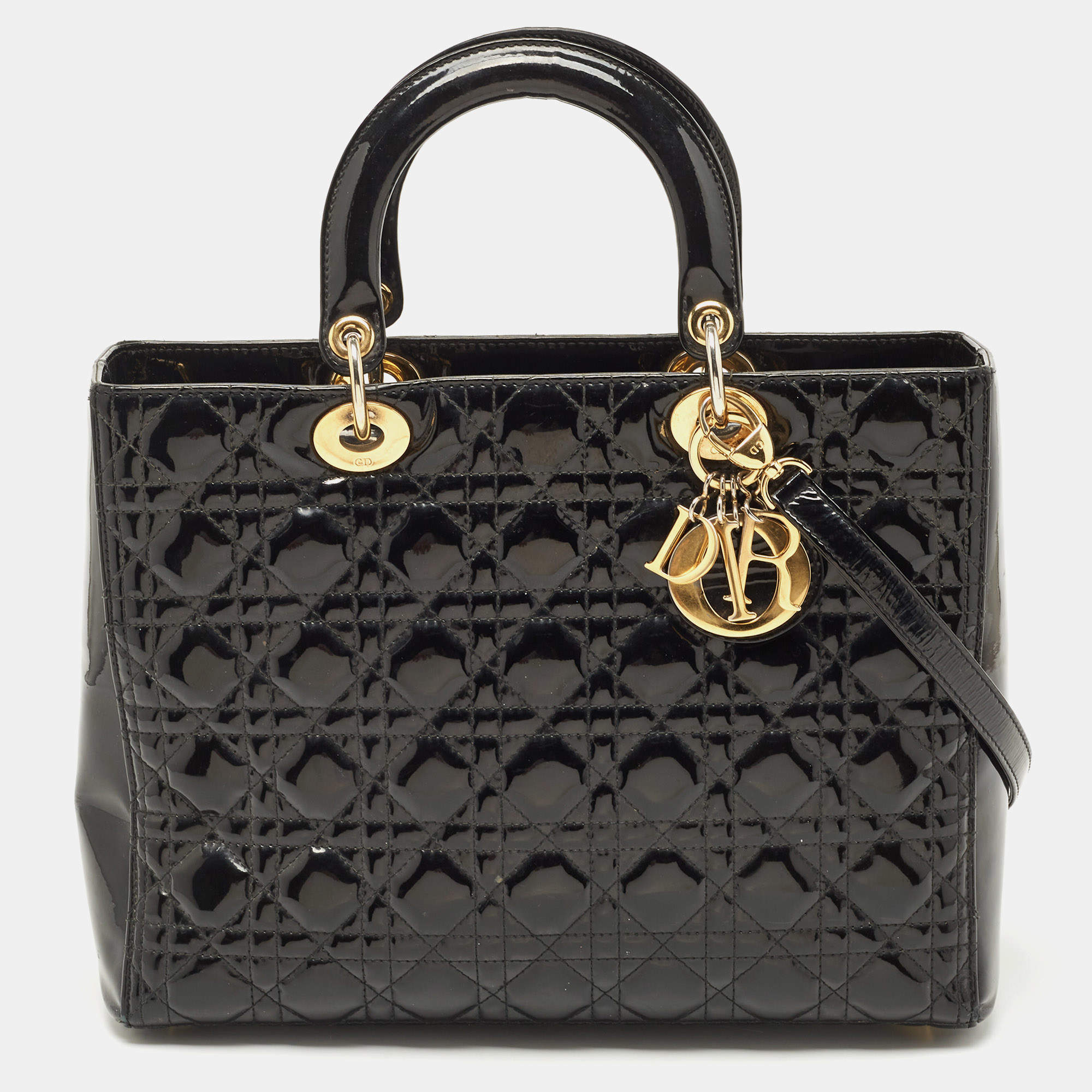 Pre Owned Dior Black Cannage Patent Leather Large Lady Dior Tote
