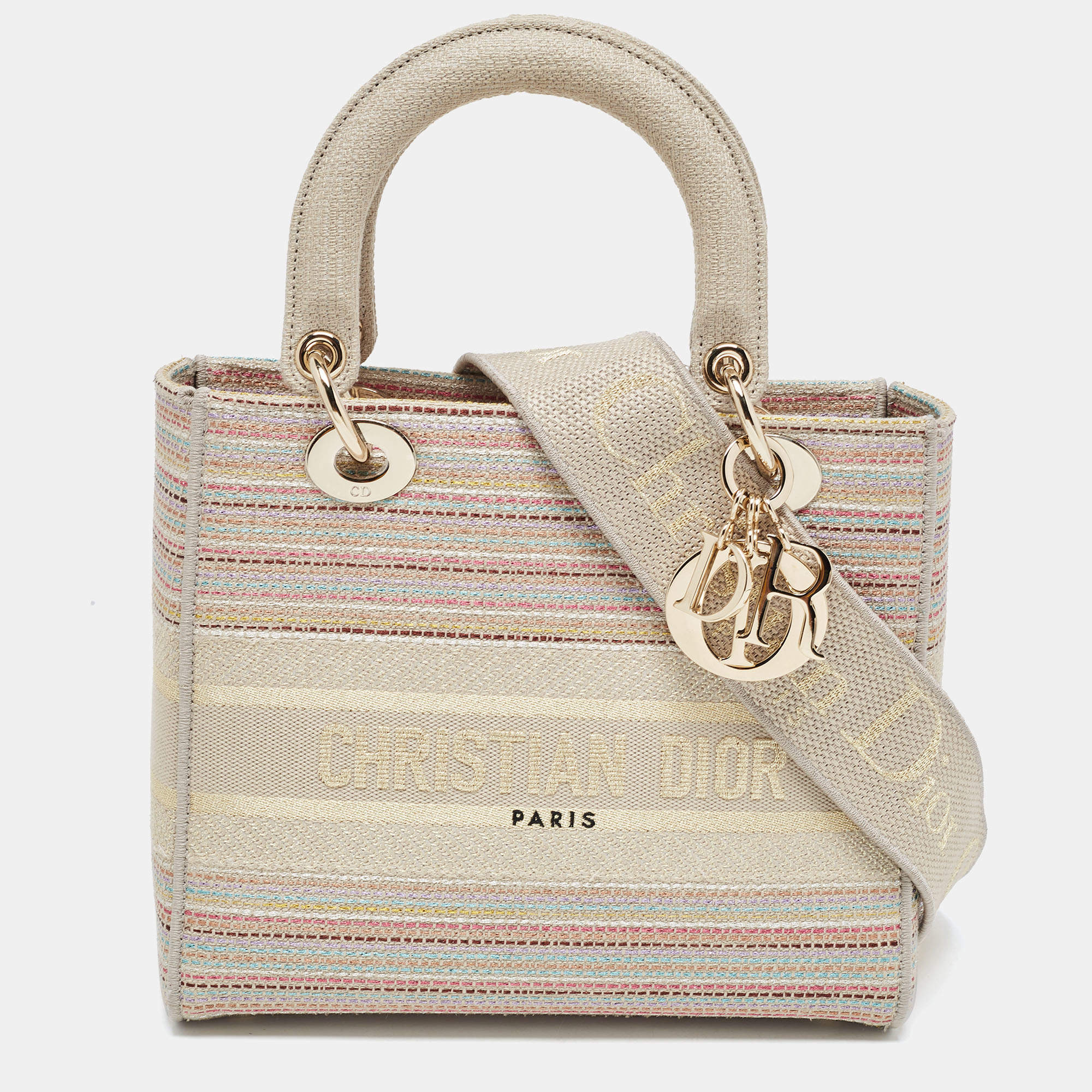 Pre Owned Dior Multicolor Stripe Embroidered Canvas Medium Lady D-Lite Tote