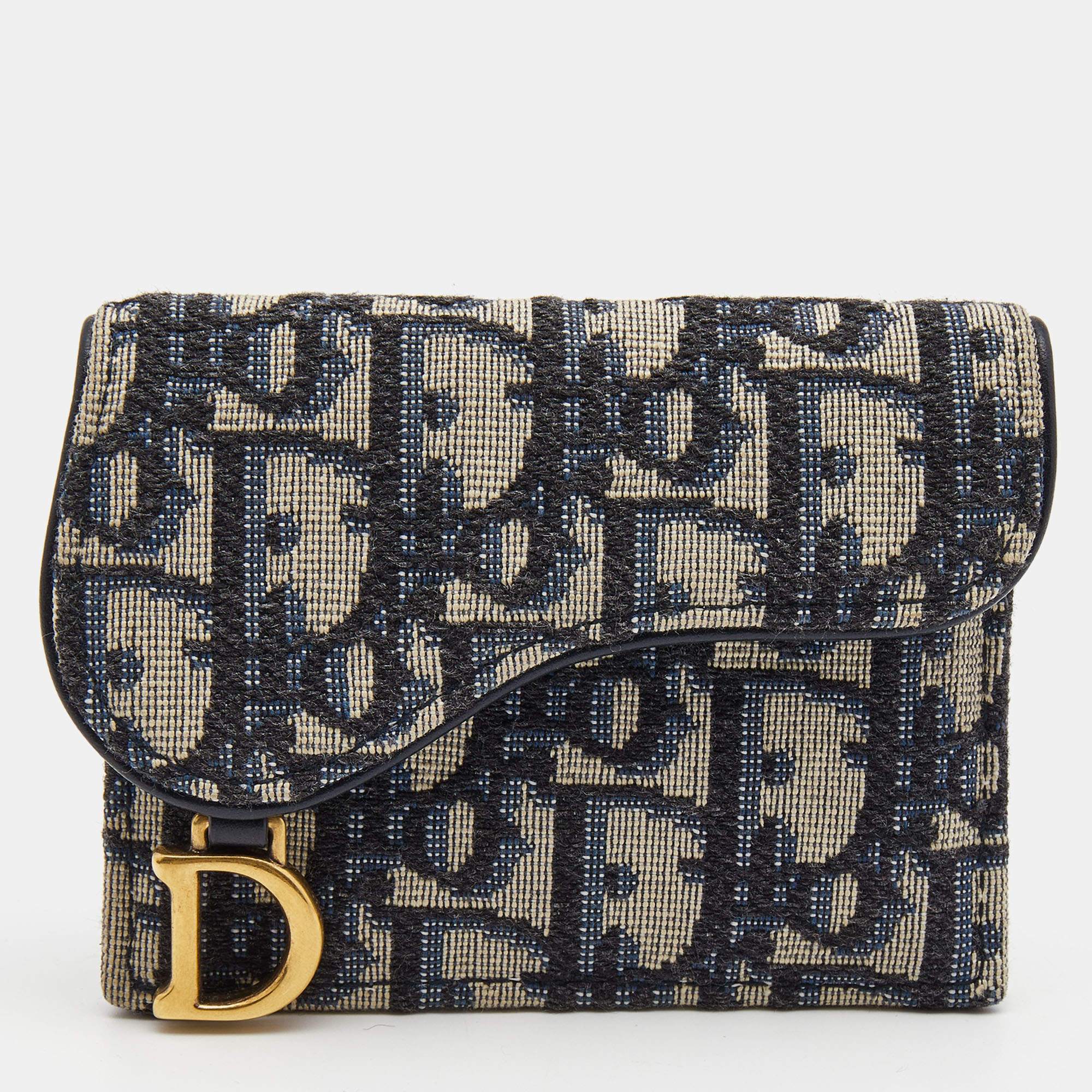 Pre Owned Dior Blue Oblique Jacquard Saddle 5 Gusset Card Holder