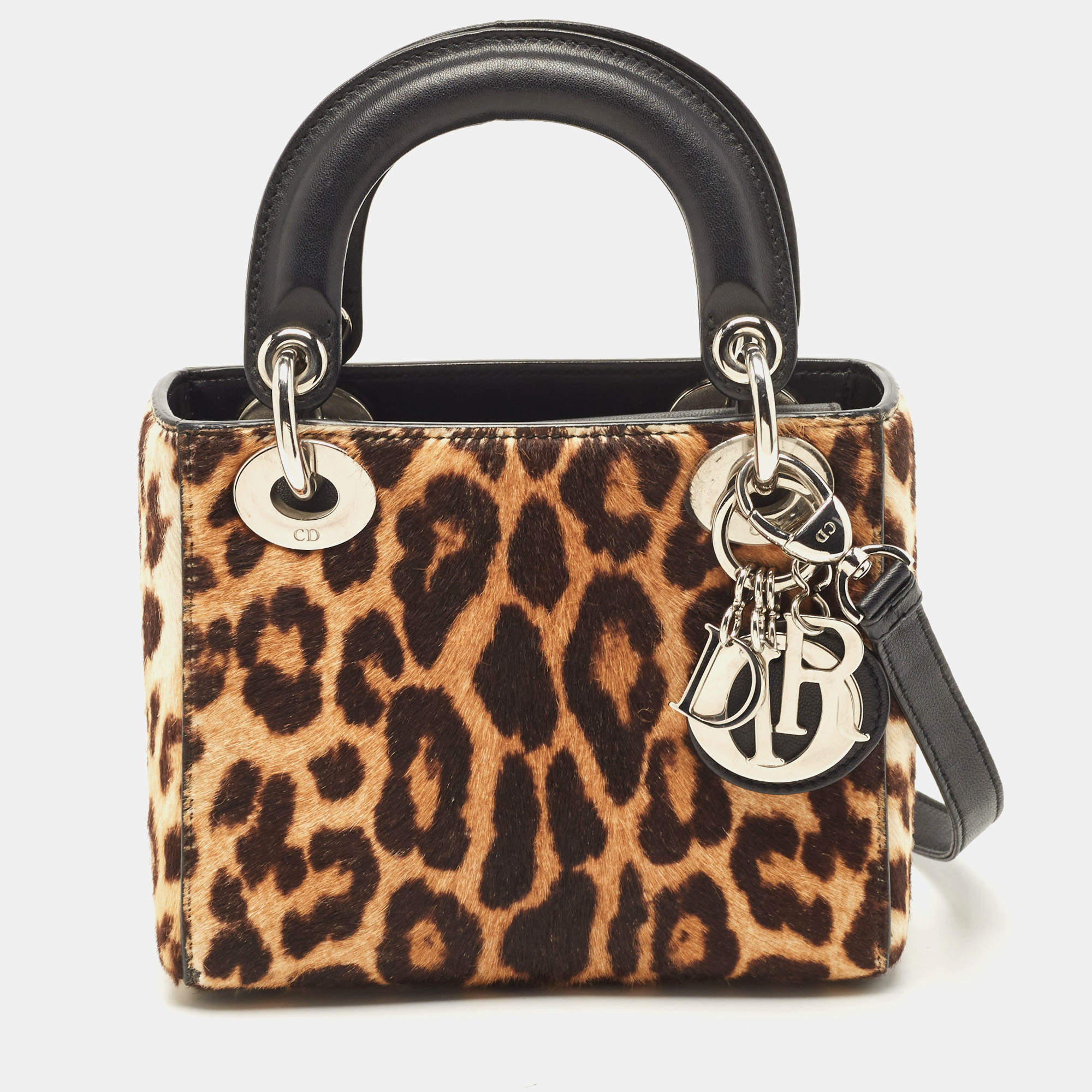 Pre Owned Dior Black/Brown Leopard Print Calf Hair and Leather Mini Lady Dior Tote