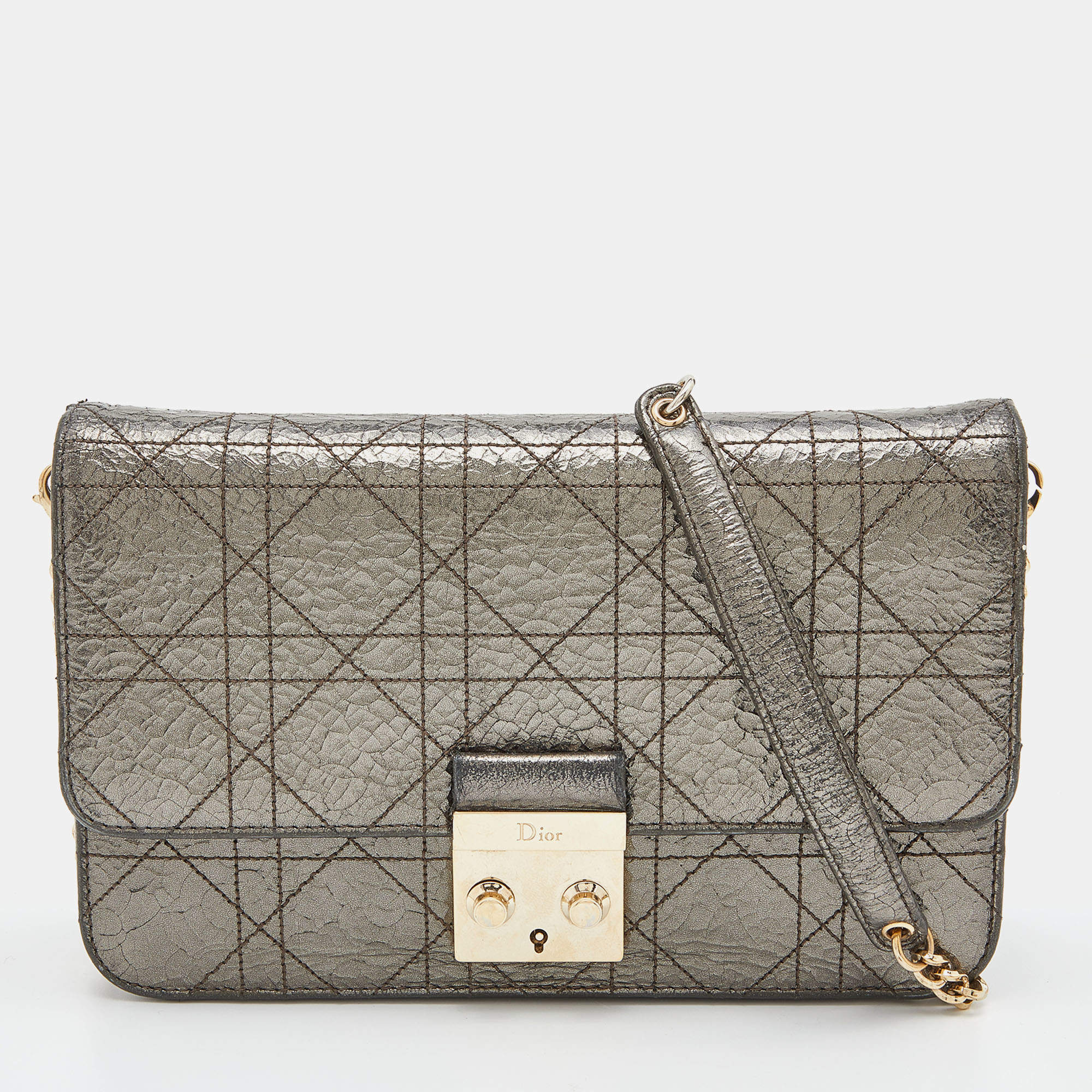 Pre Owned Dior Metallic Cannage Crinkled Leather Miss Dior Pouch Chain Bag