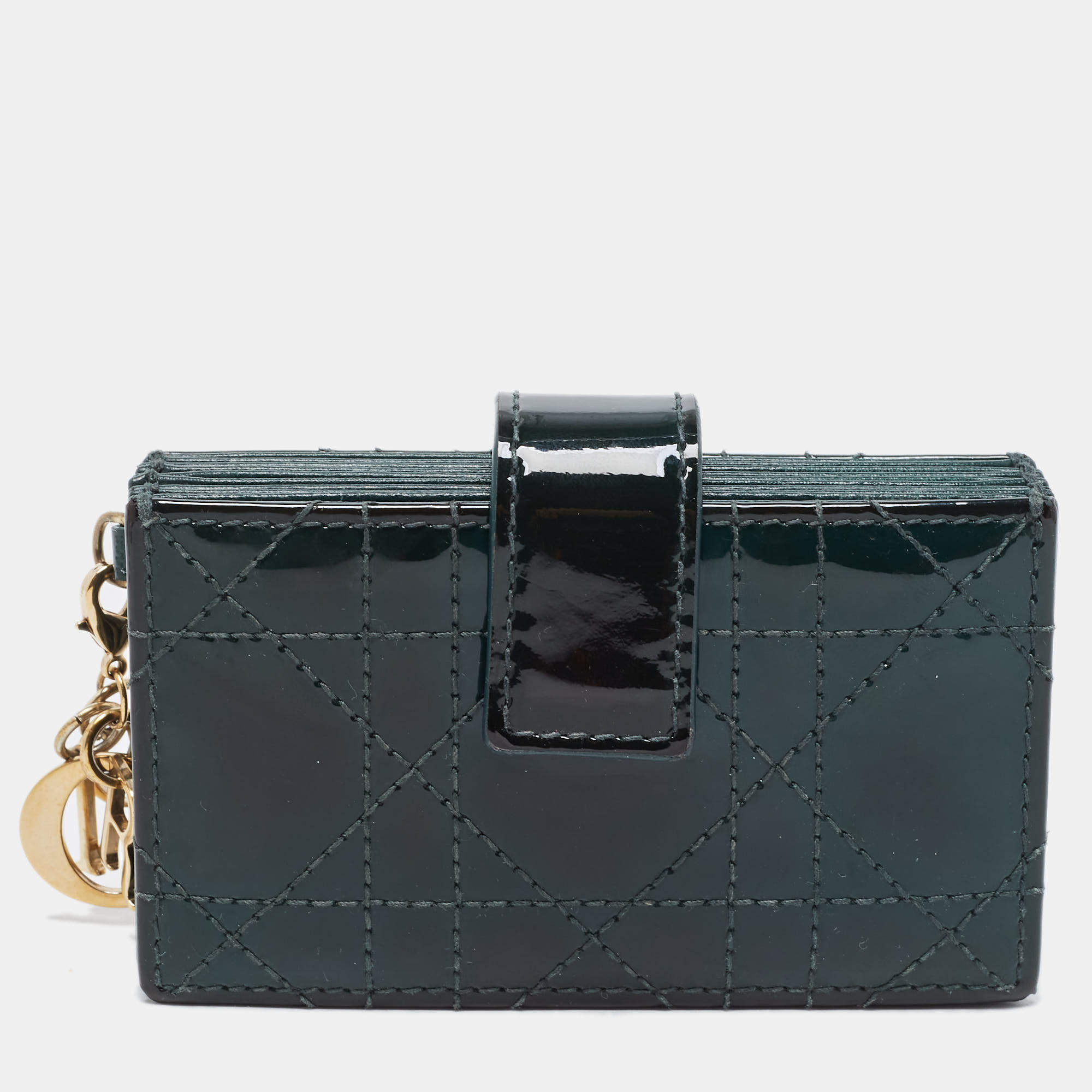Pre Owned Dior Green Cannage Patent Leather Lady Dior 5 Gusset Card Holder