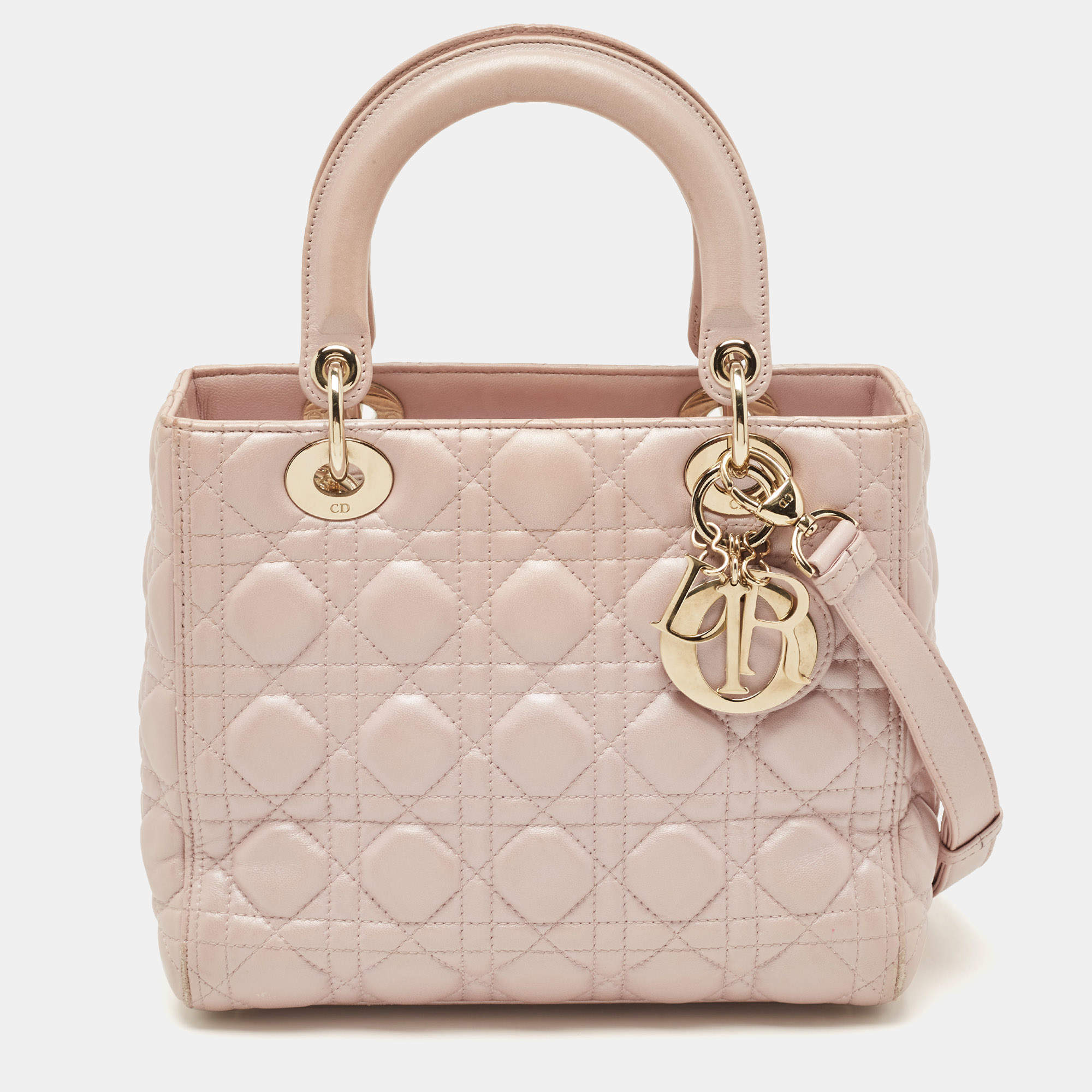 Pre Owned Dior Pink Leather Medium Lady Dior Tote Bag