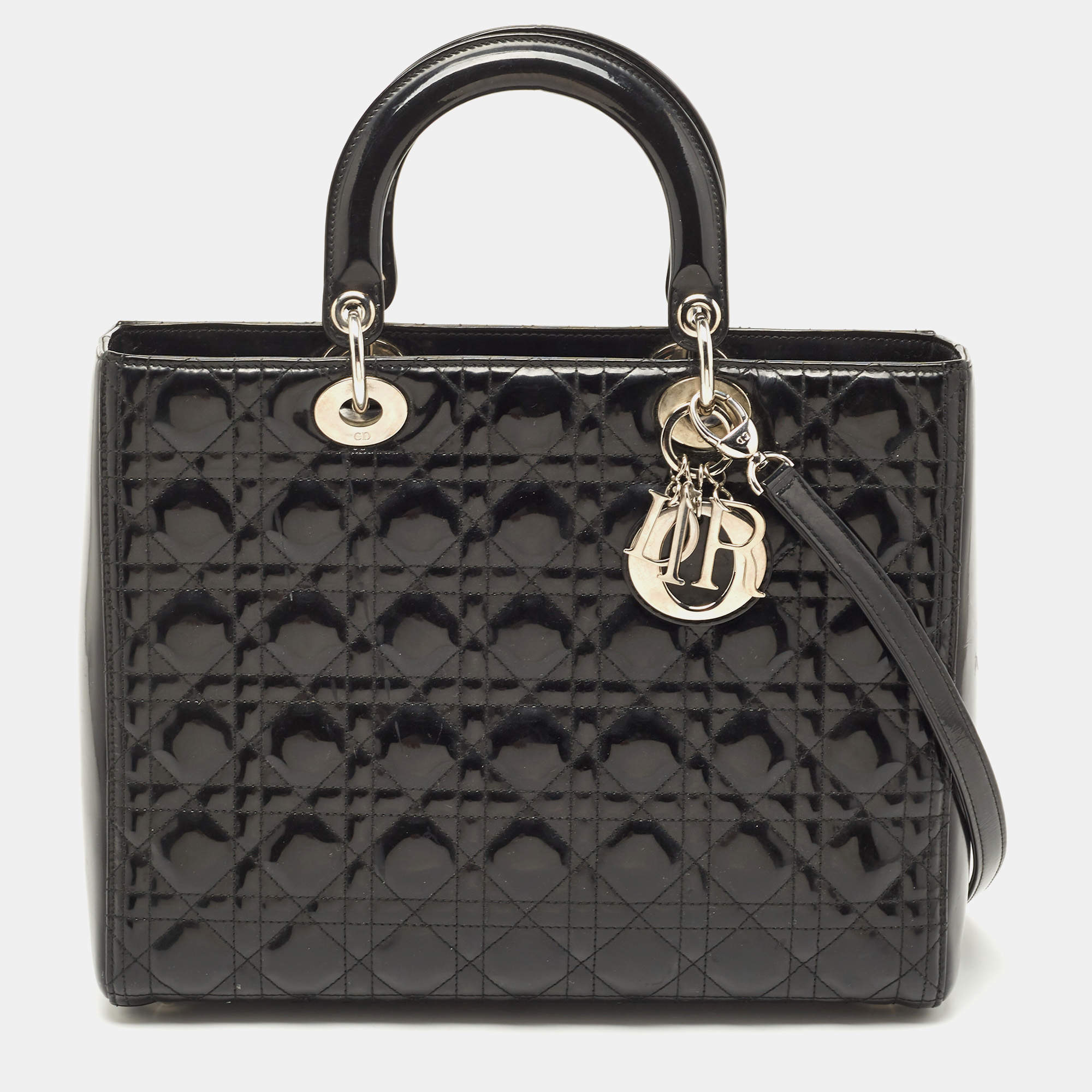 Pre Owned Dior Black Cannage Patent Leather Large Lady Dior Tote