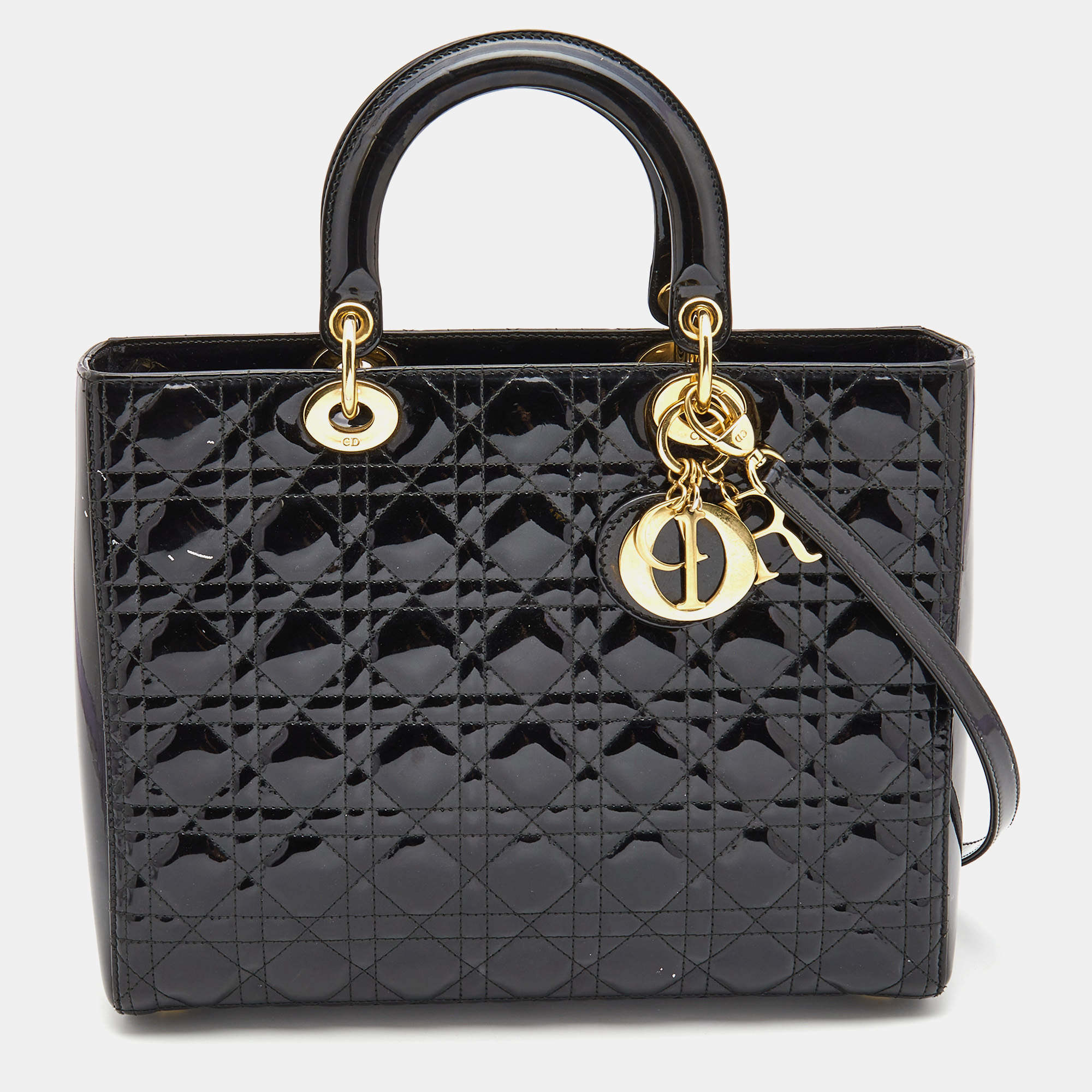 Pre Owned Dior Black Cannage Patent Leather Large Lady Dior Tote