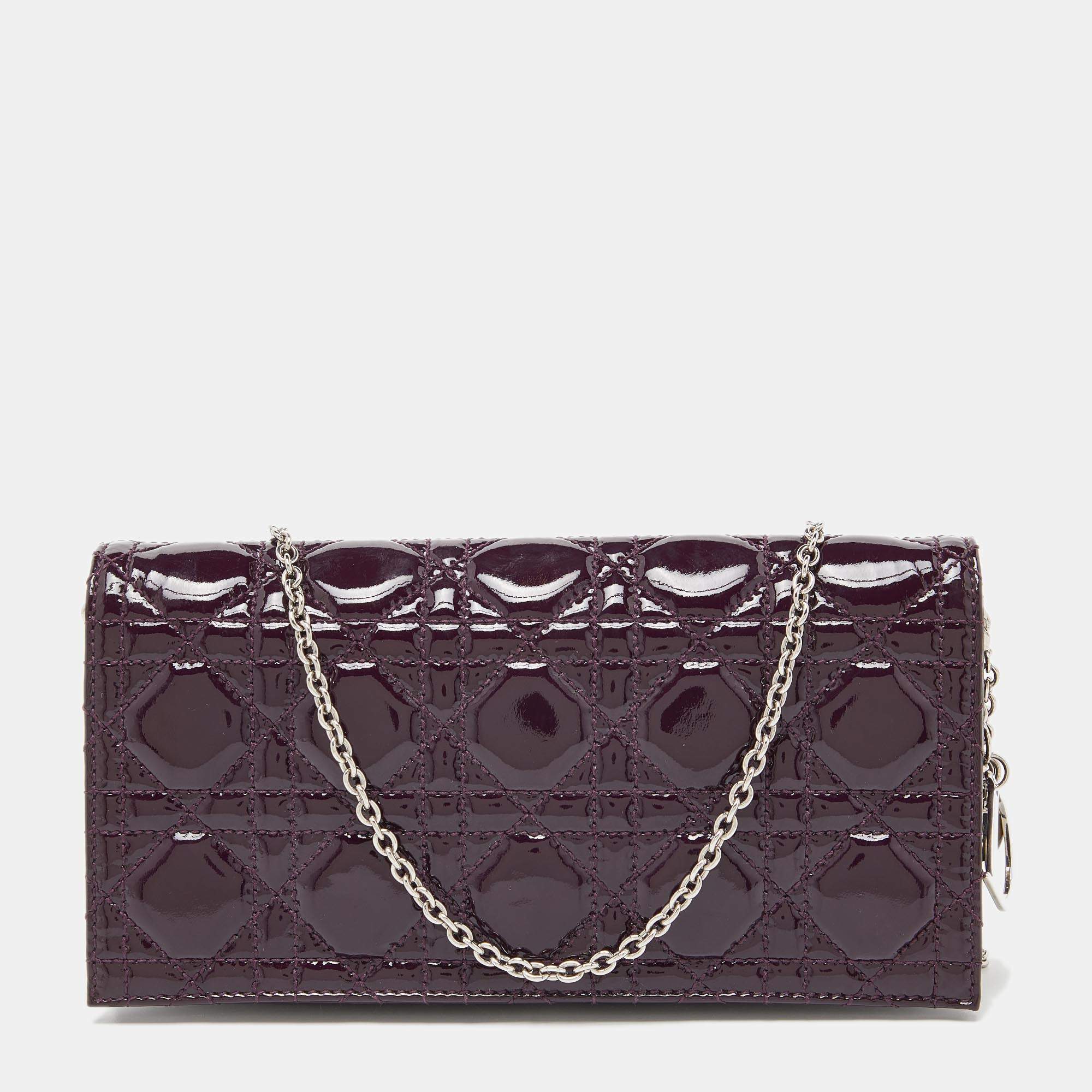 Pre Owned Dior Purple Cannage Patent Leather Lady Dior Chain Clutch