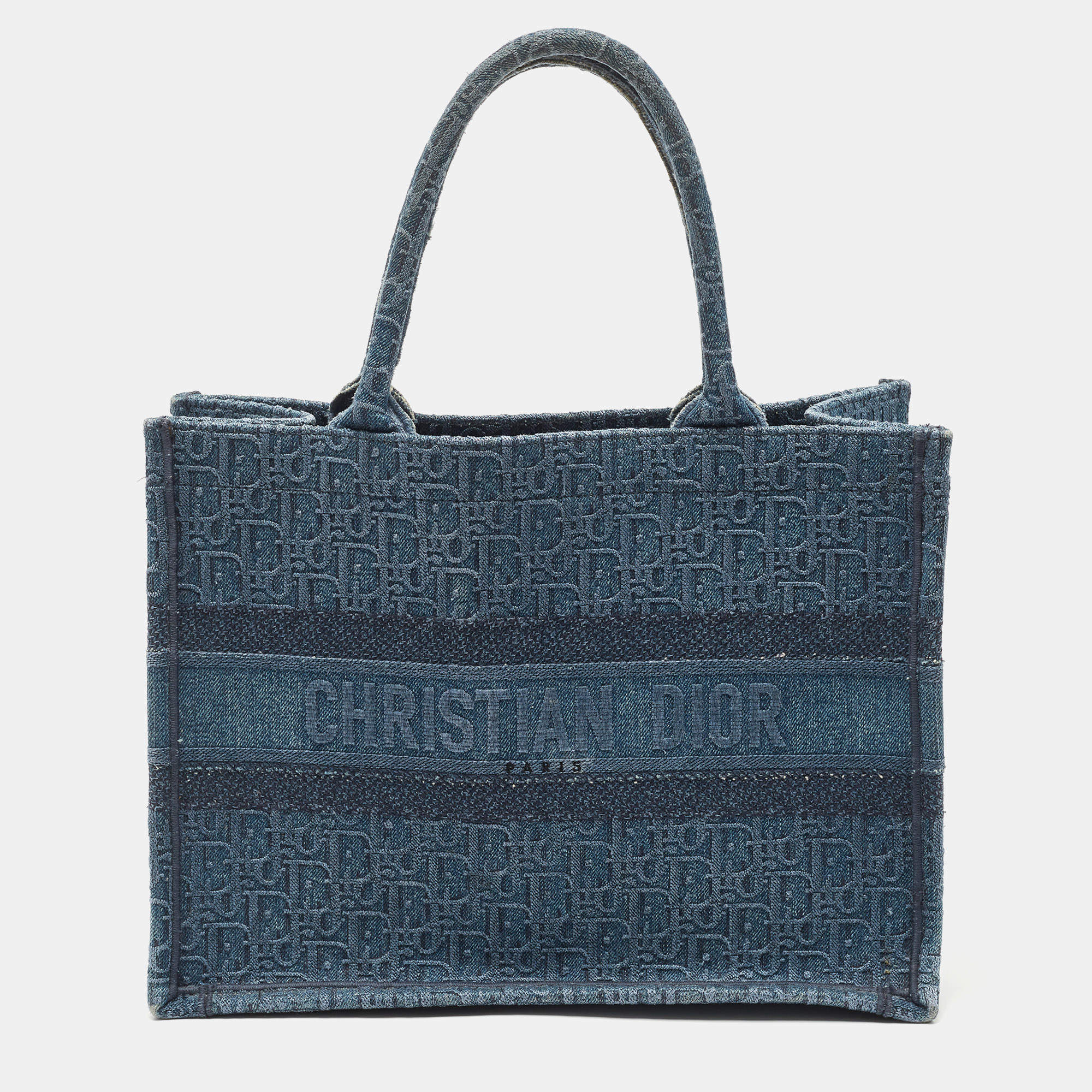 Pre Owned Dior Navy Blue Oblique Denim Medium Book Tote