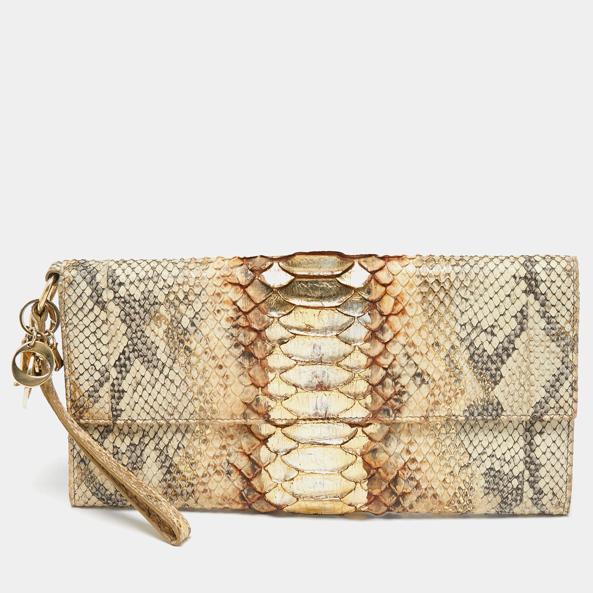 Pre Owned Dior Metallic Beige Python Wristlet Clutch
