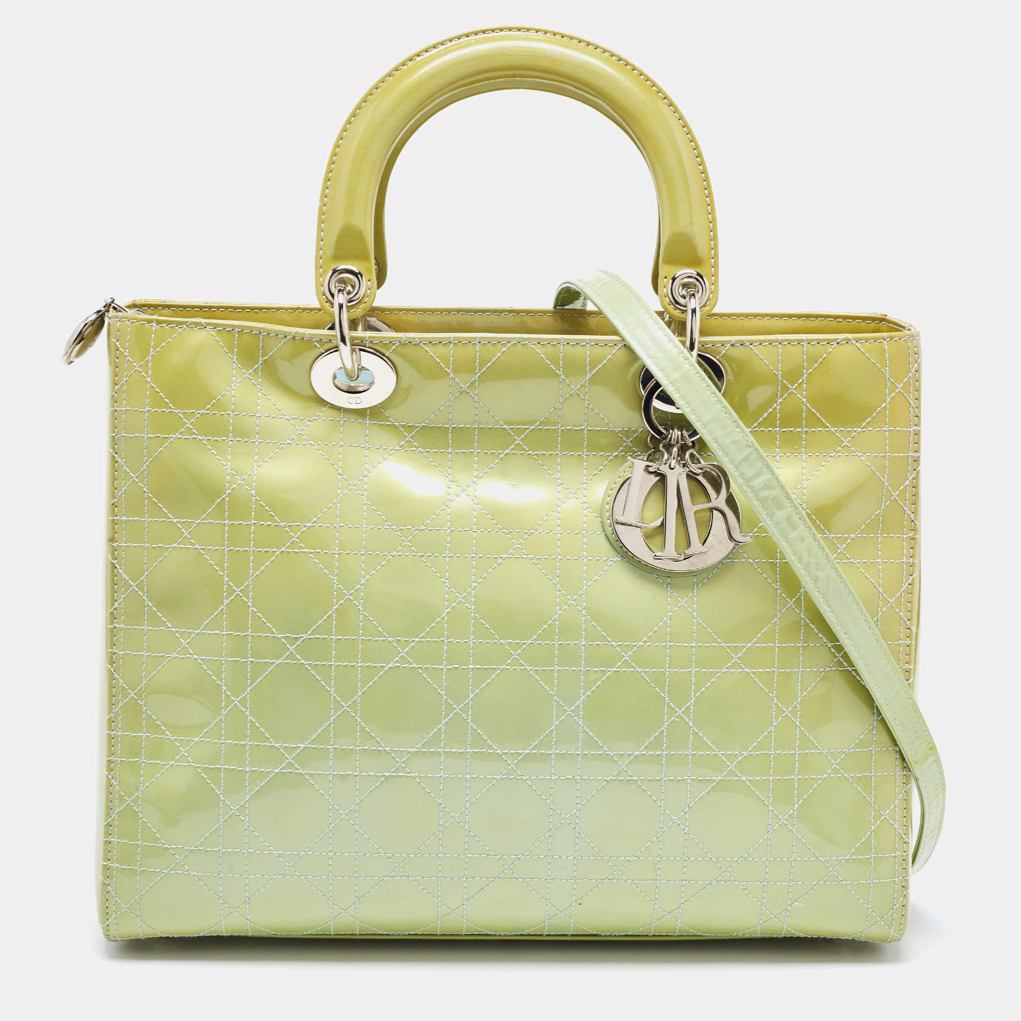 Pre Owned Dior Lime Green Cannage Patent Leather Large Lady Dior Tote