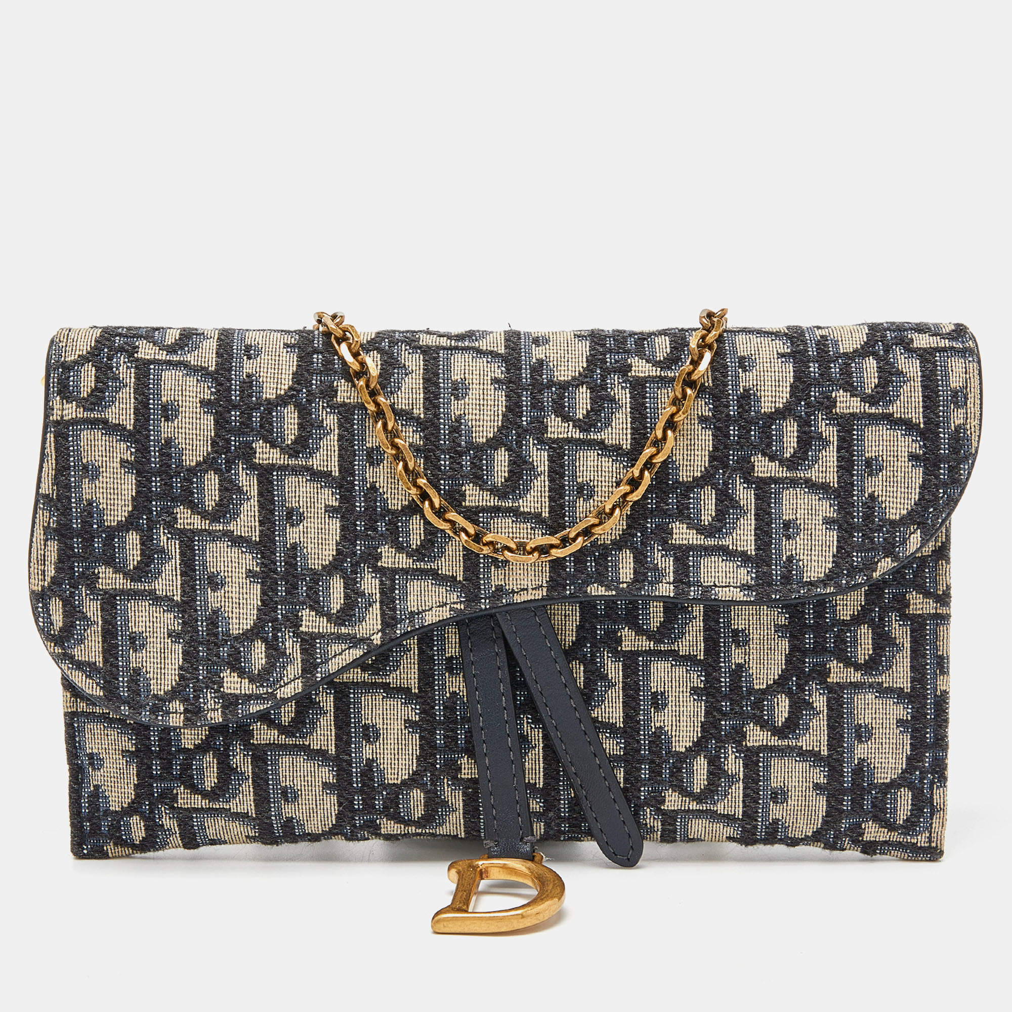 مملوكة مسبقًا Dior Navy Blue Oblique Canvas and Leather Saddle Wallet On Chain