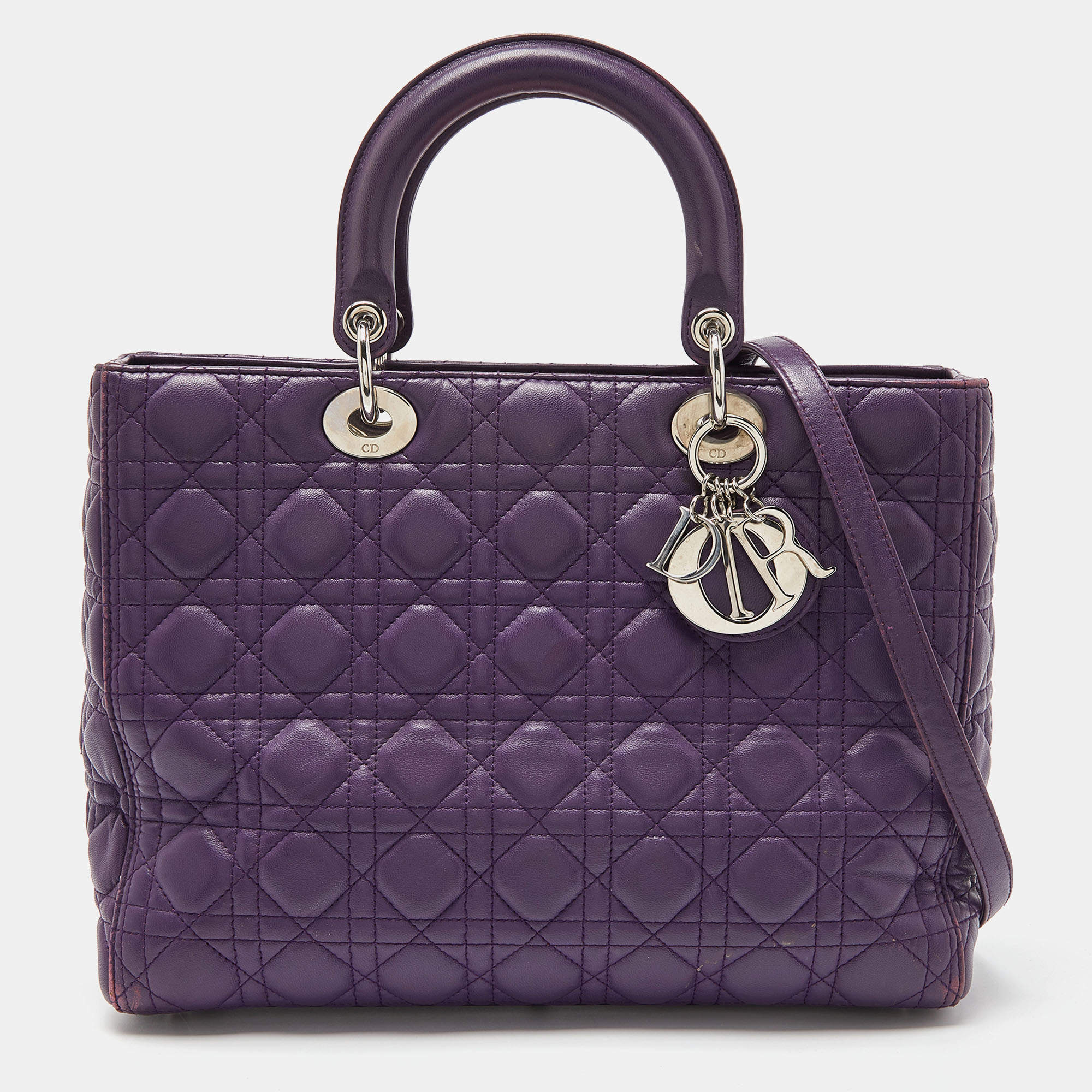 Pre Owned Dior Purple Cannage Soft Leather Large Lady Dior Tote