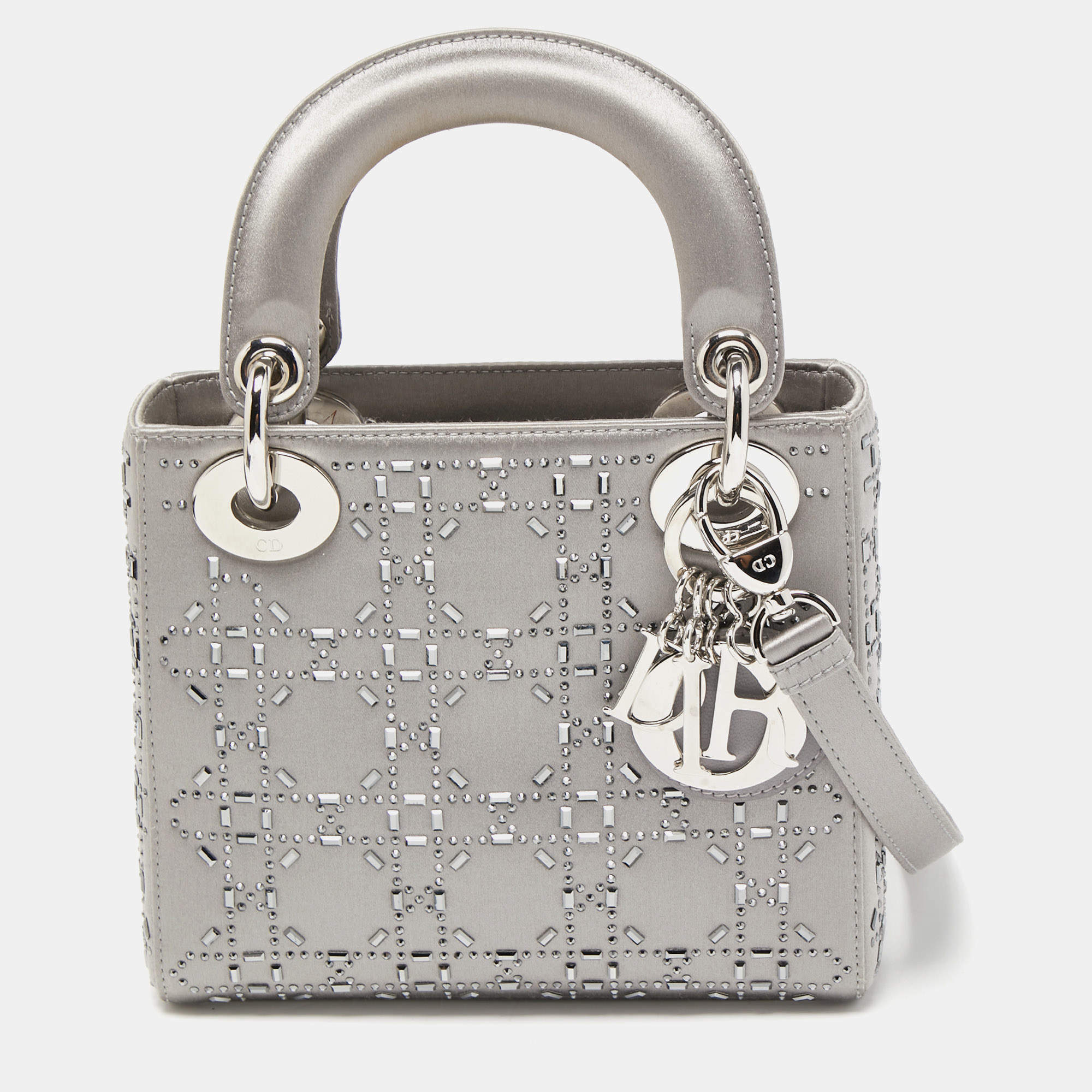 Pre Owned Dior Grey Rhinestone Cannage Satin Mini Lady Dior Tote