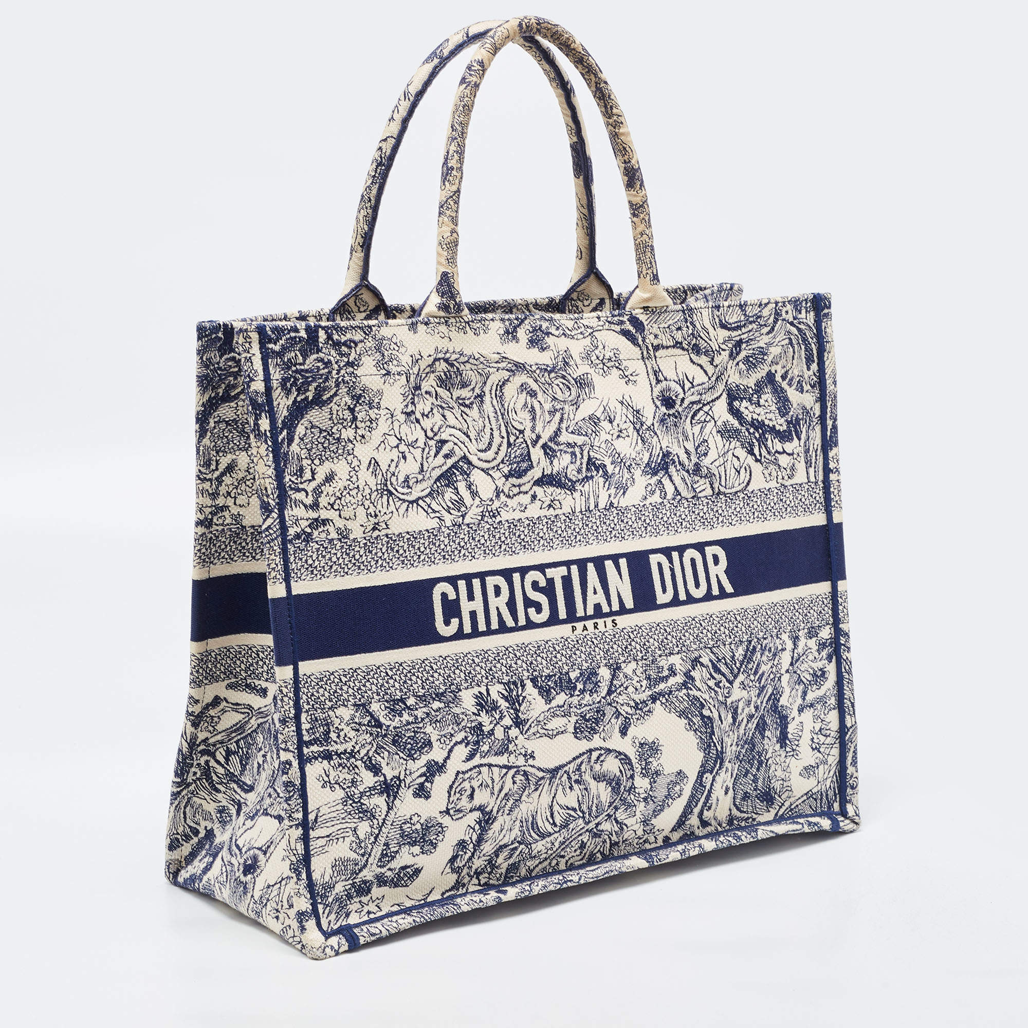 Small Dior Book Tote White and Navy Blue Toile de Jouy Embroidery (26.5 x  21 x 14 cm)