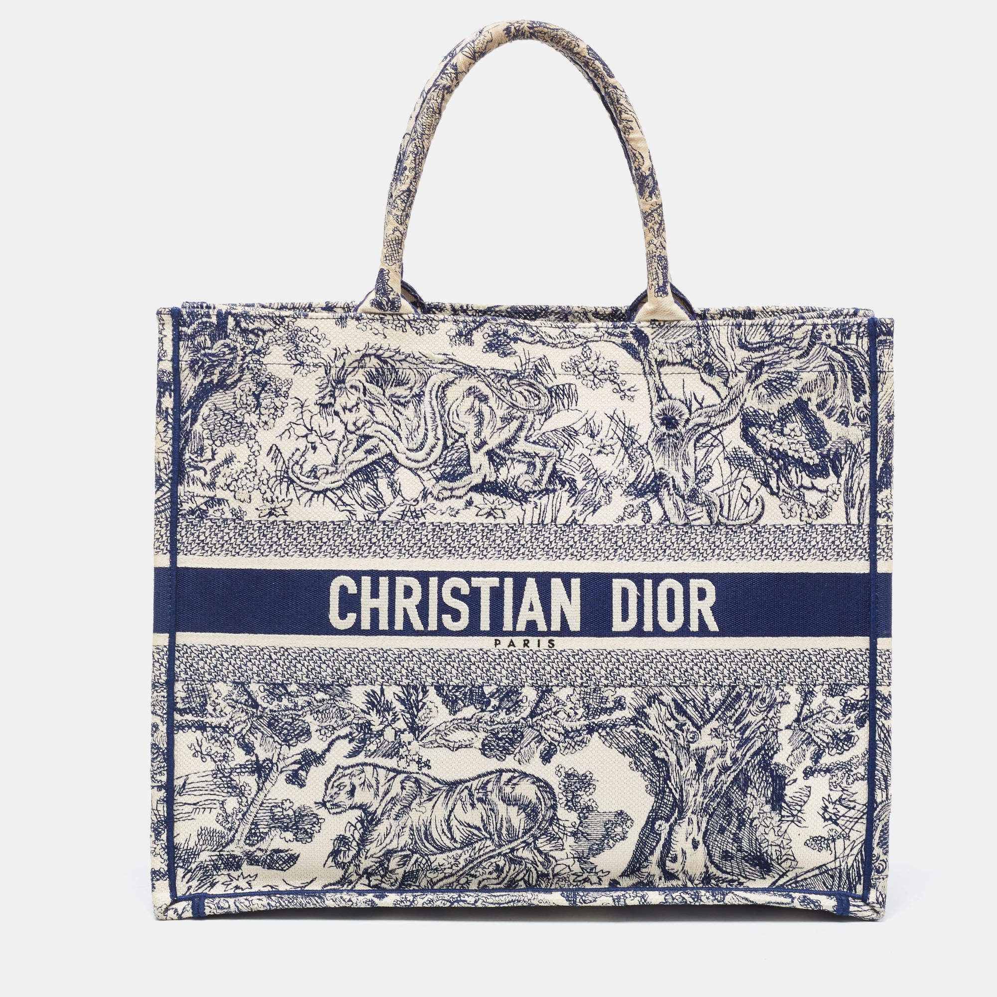 Dior Navy Blue/White Toile De Jouy Embroidery Canvas Large Book Tote Dior