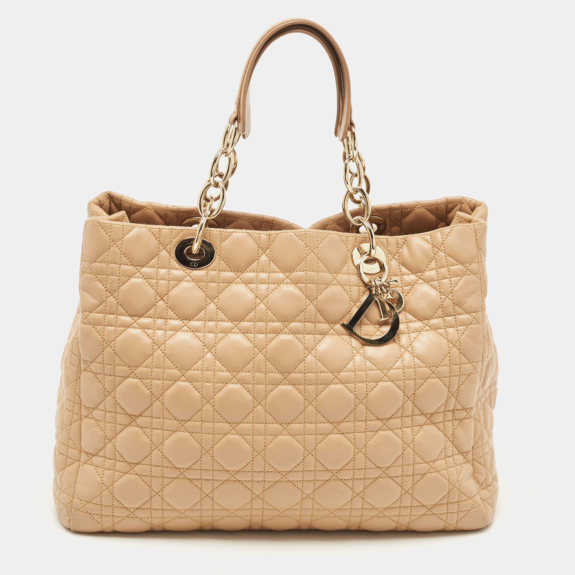 Pre Owned Dior Beige Cannage Leather Large Soft Lady Dior Tote