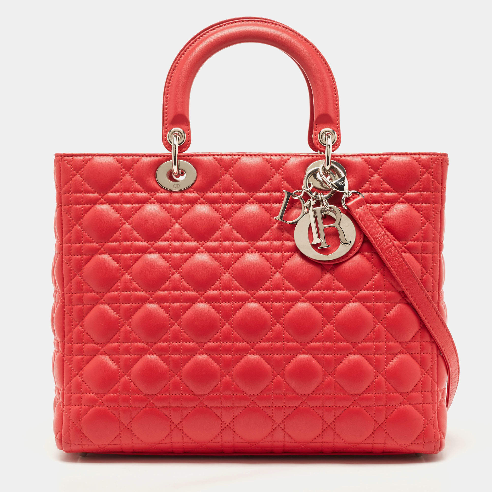 Pre Owned Dior Red Cannage Leather Large Lady Dior Tote