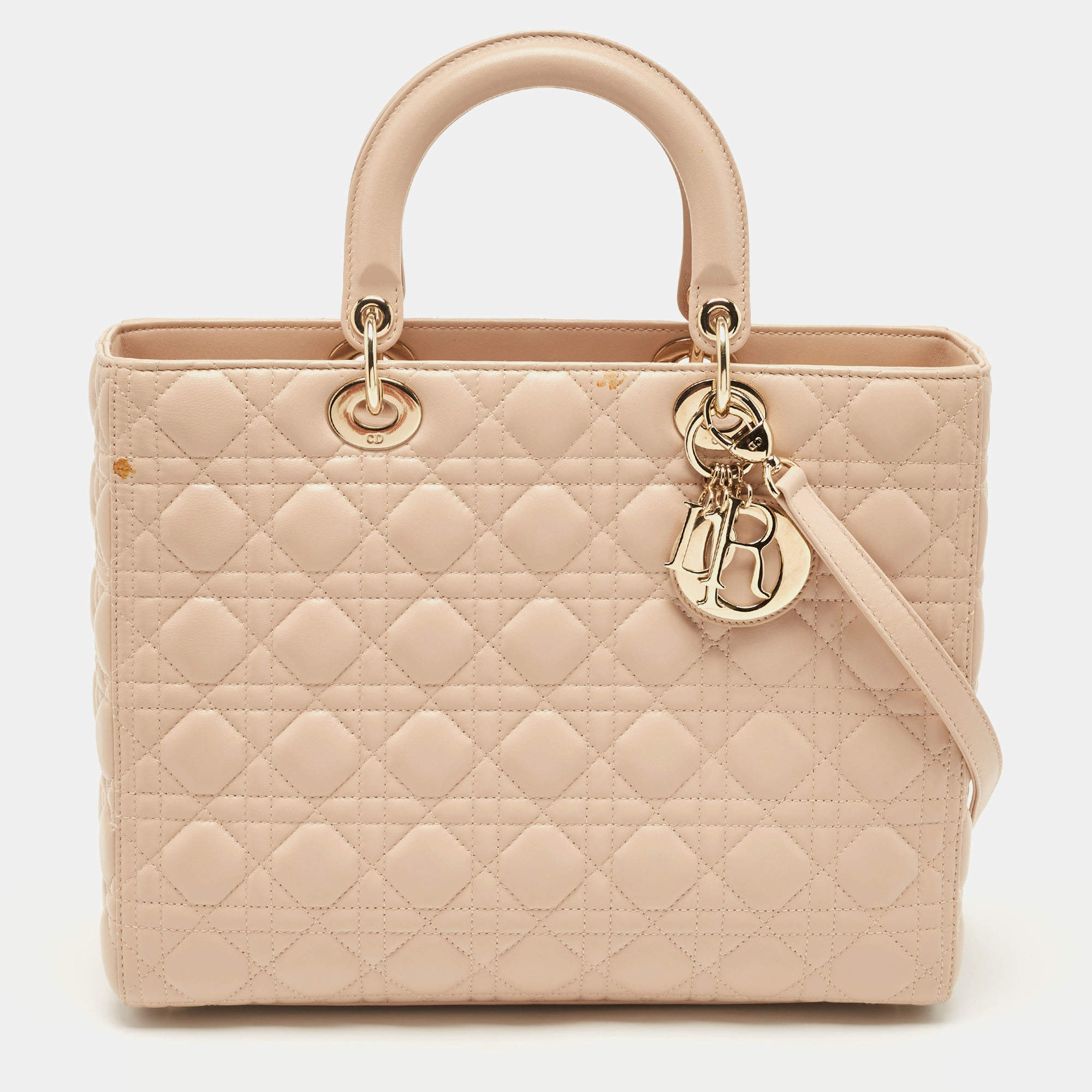 Pre Owned Dior Beige Cannage Leather Large Lady Dior Tote