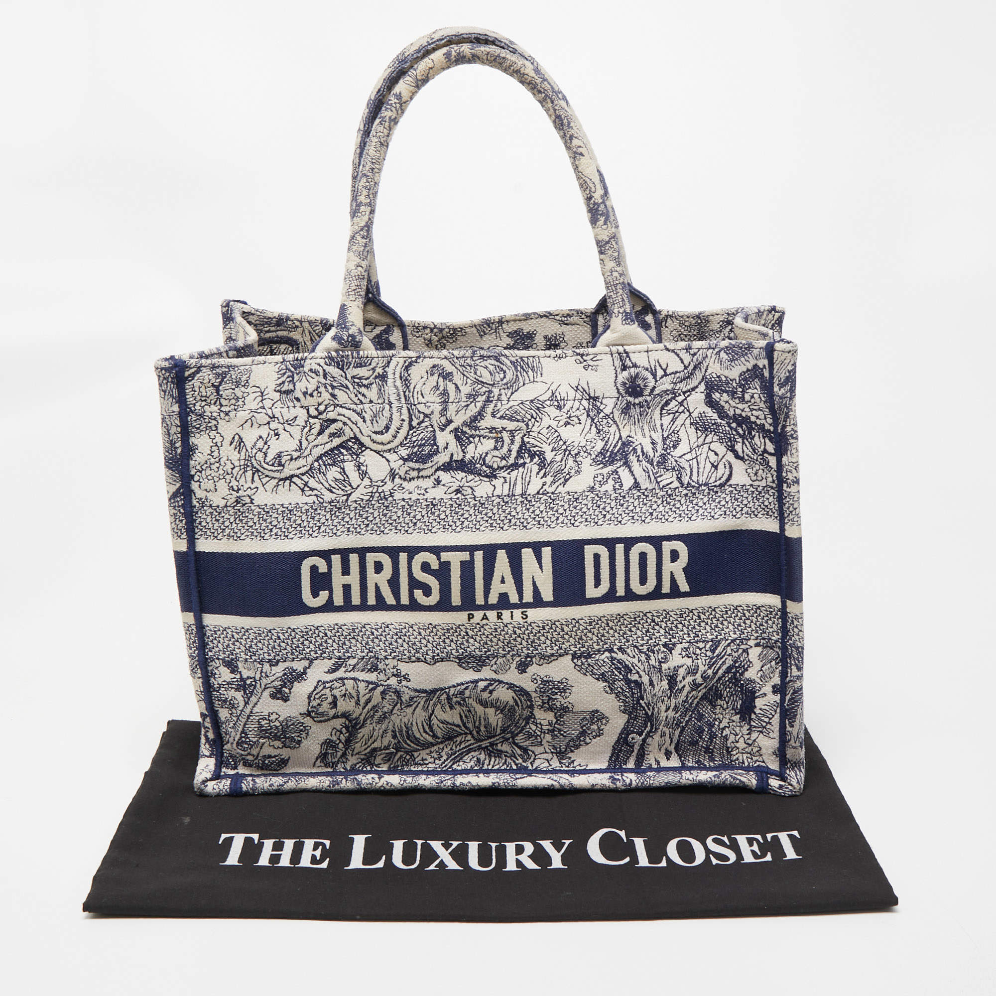 Christian Dior Embroidered Toile De Jouy Small Canvas Book Tote Navy – Coco  Approved Studio