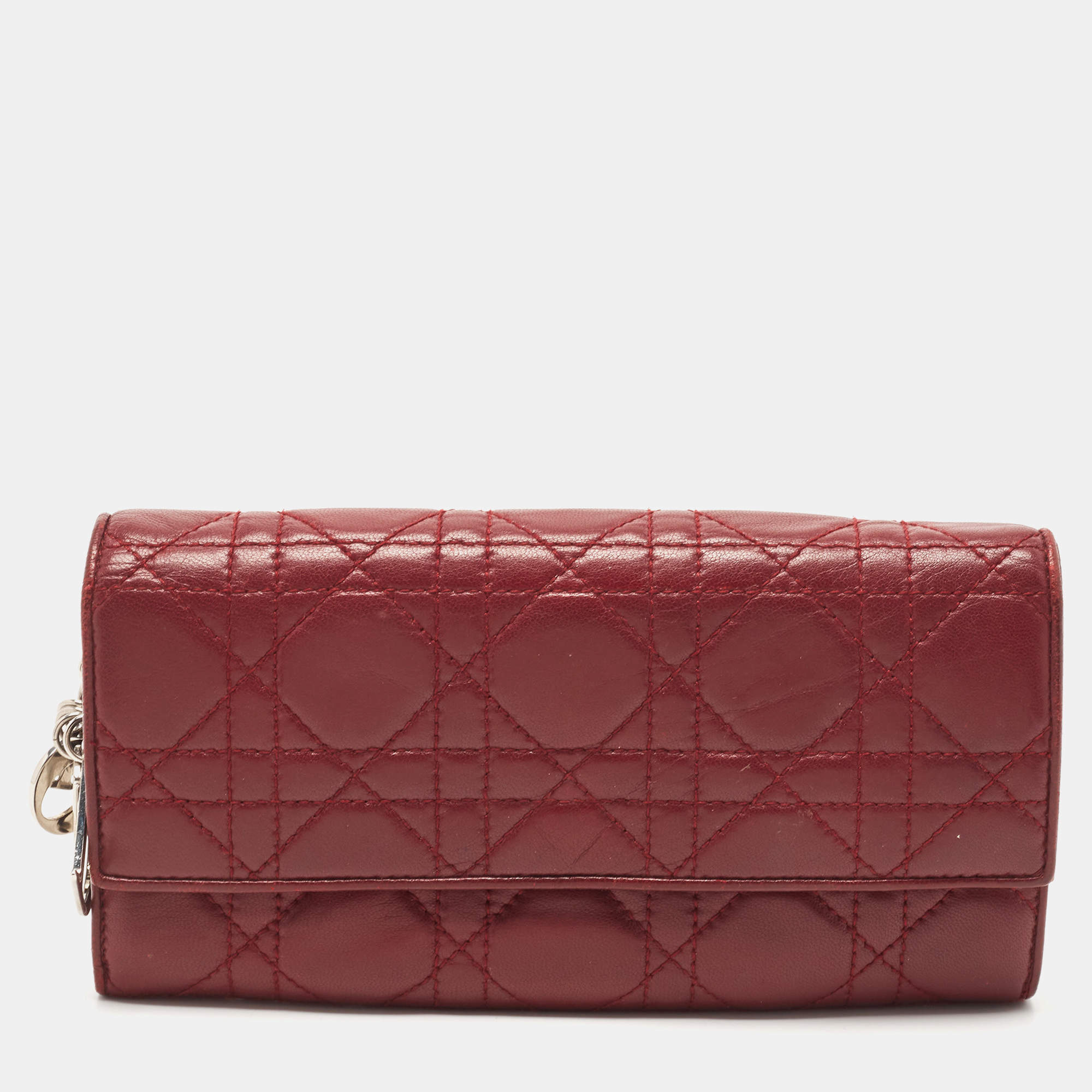 Dior Burgundy Cannage Quilted Leather Lady Dior Continental Wallet