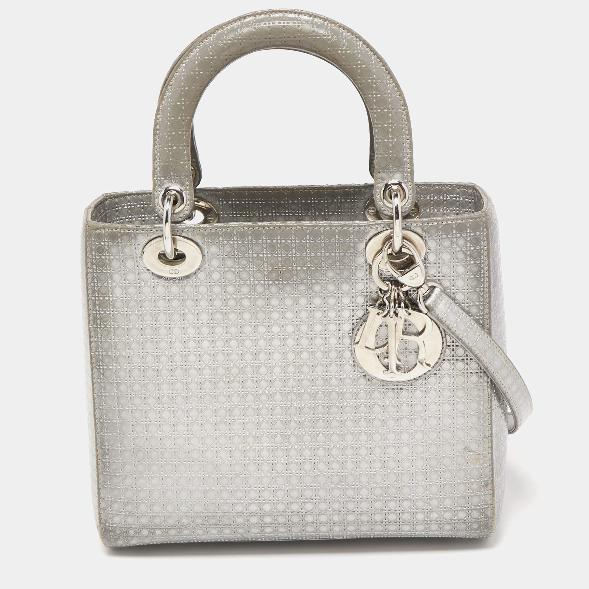 Pre Owned Dior Silver Microcannage Patent Leather Medium Lady Dior Tote