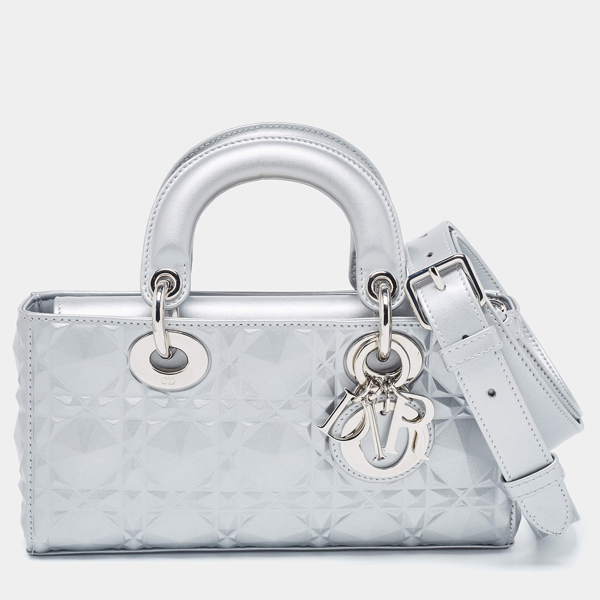 Pre Owned Dior Grey Cannage Diamond Leather Small Lady D-Joy Tote