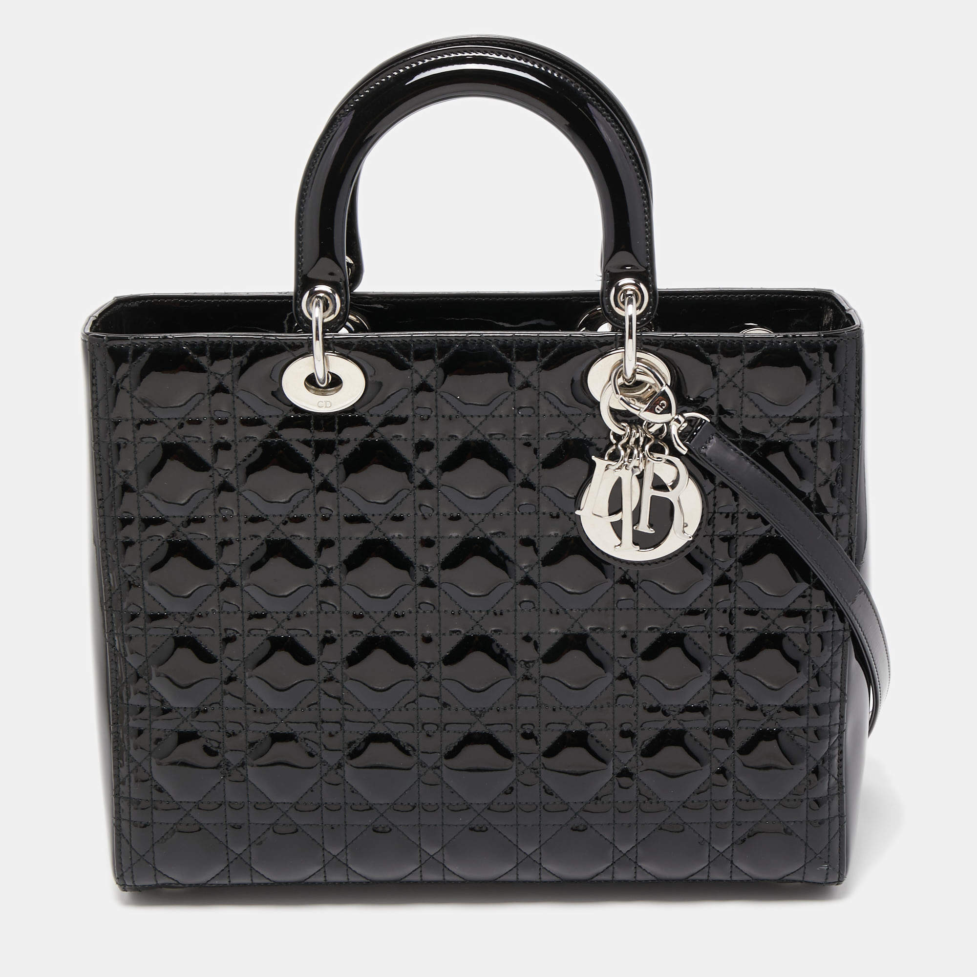 Pre Owned Dior Black Cannage Patent Leather Large Lady Dior Tote