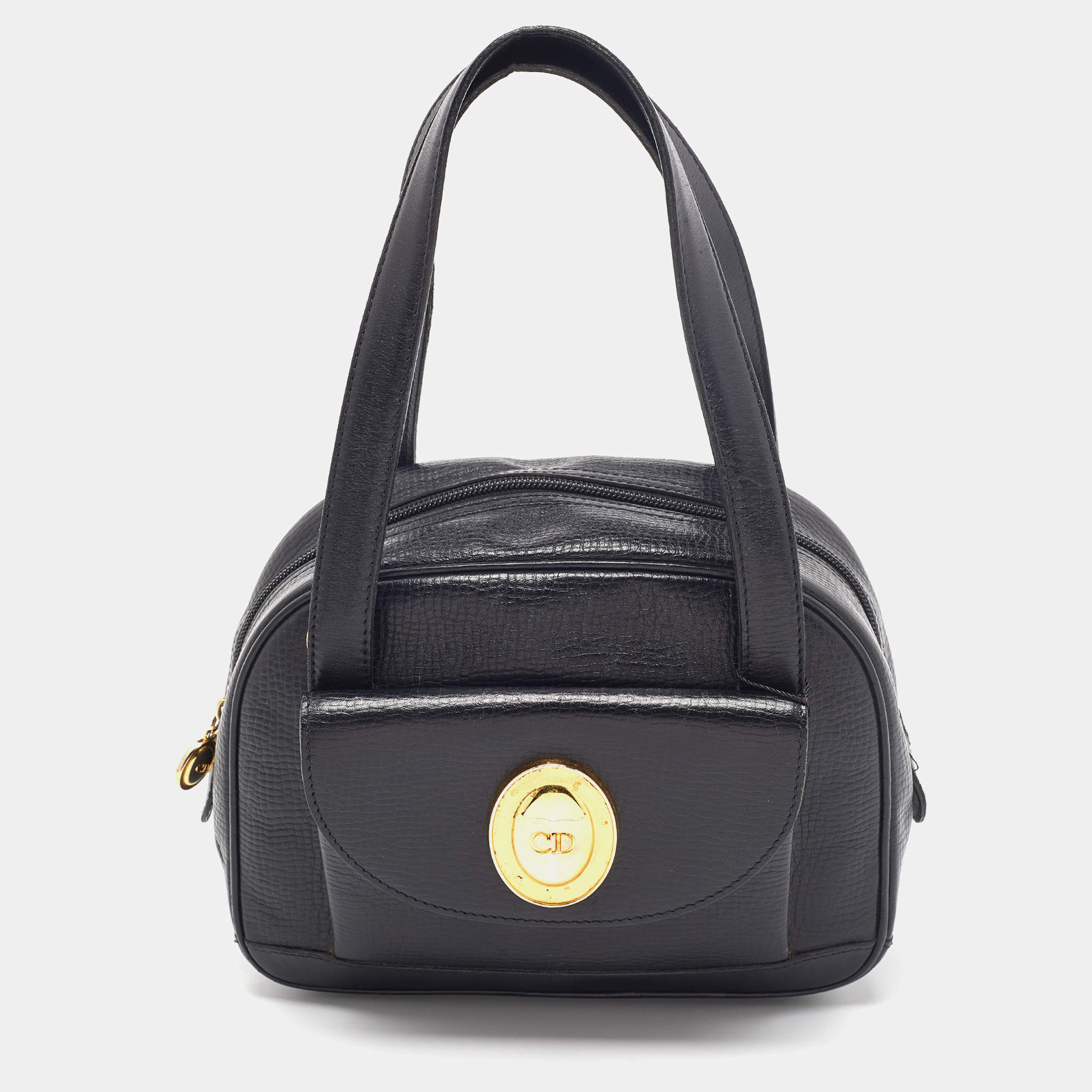 Pre Owned Dior Black Leather Vintage Logo Pocket Satchel