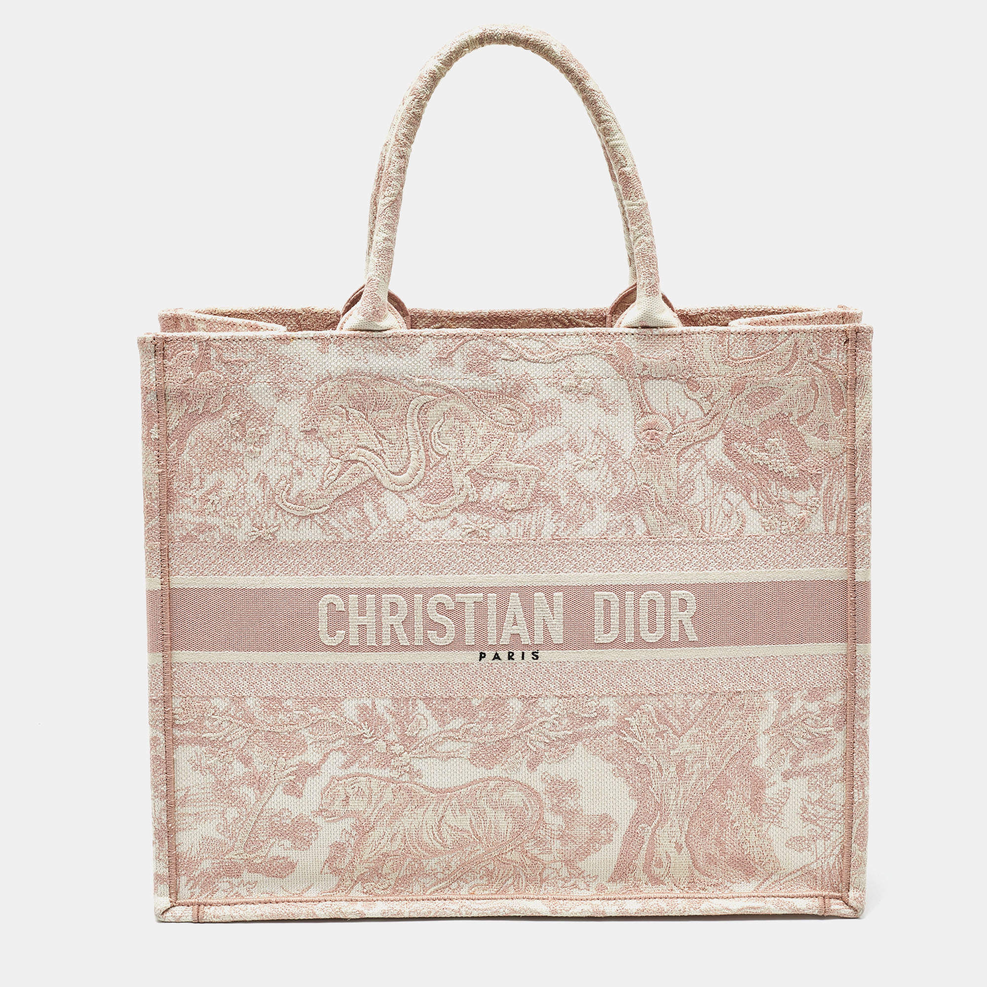 Pre Owned Dior Pink/White Embroidered Canvas Large Toile de Jouy Book Tote