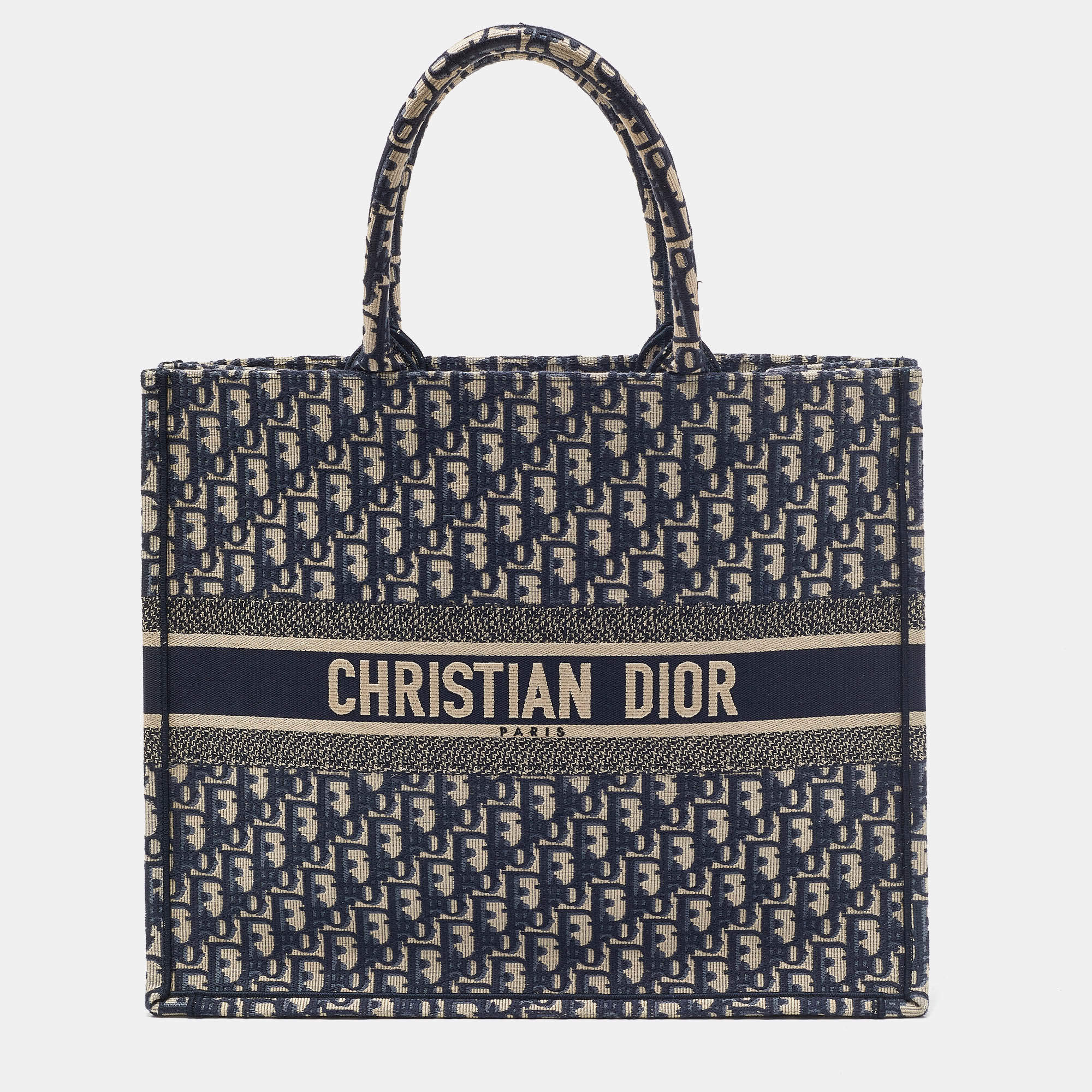 Pre Owned Dior Navy Blue Oblique Embroidered Canvas Large Book Tote